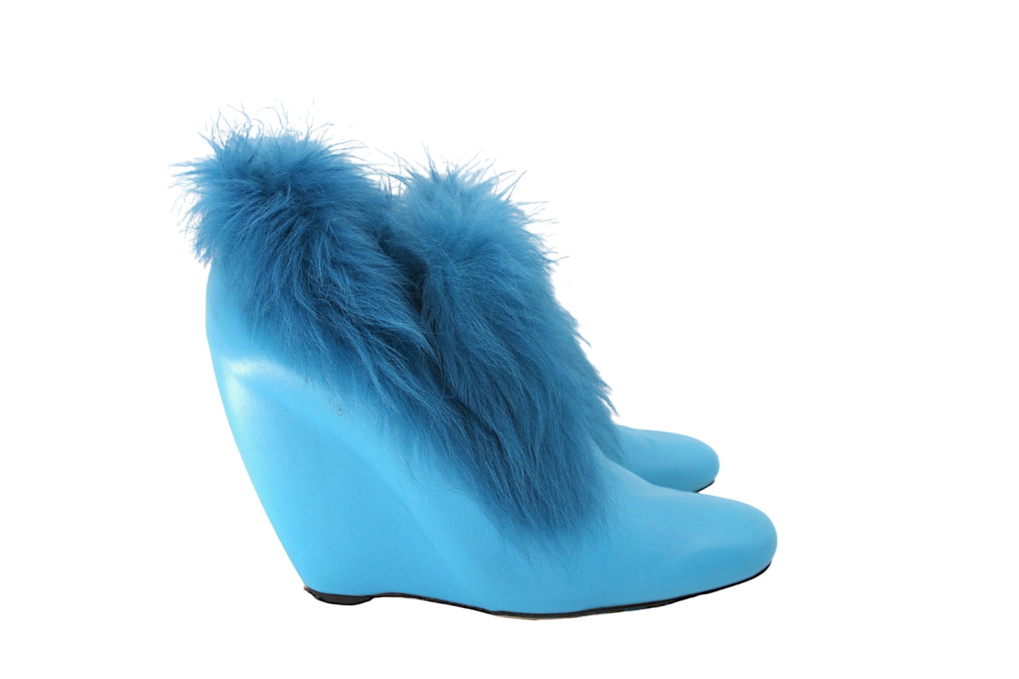 BOTTEGA VENETA, cerulean blue leather and fur-lined wedges