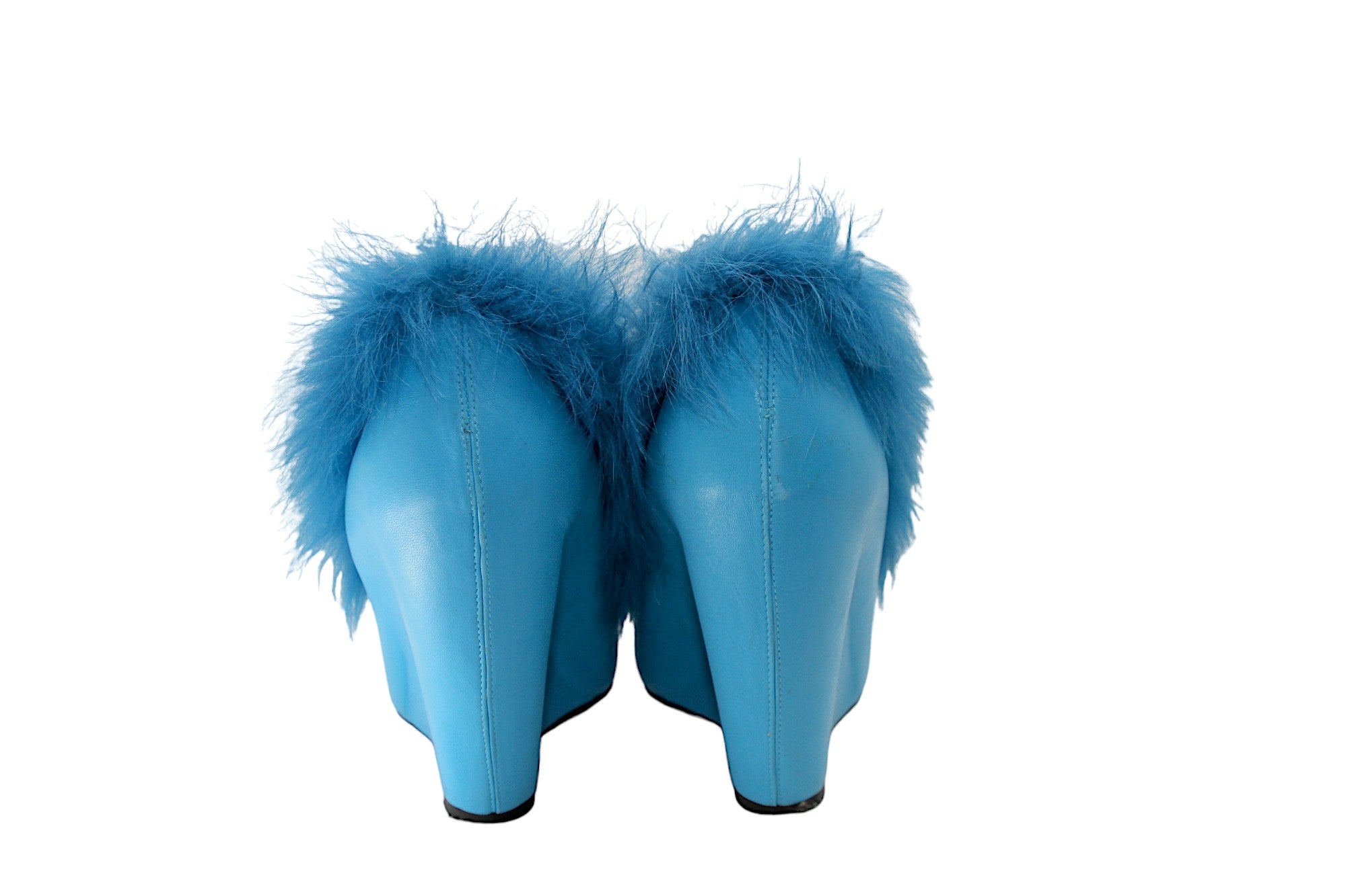 BOTTEGA VENETA, cerulean blue leather and fur-lined wedges