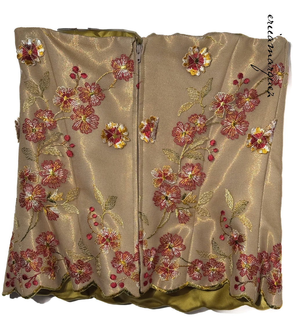 CHRISTIAN LACROIX Mariée Ensemble Gold Mesh Floral Overlay Bustier Pants Draper