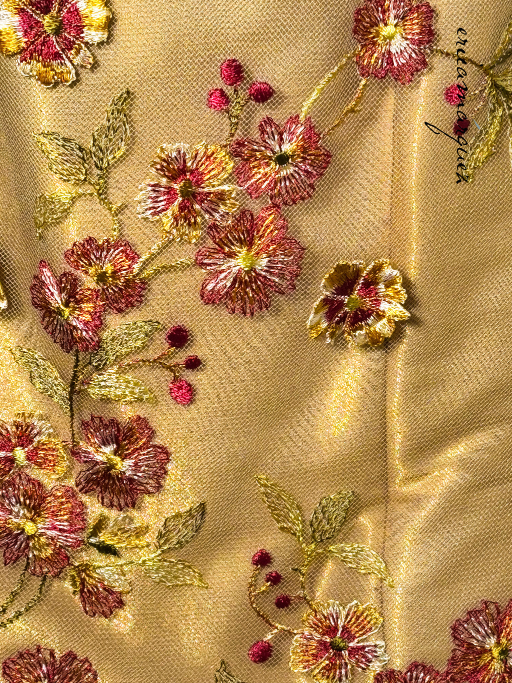 CHRISTIAN LACROIX Mariée Ensemble Gold Mesh Floral Overlay Bustier Pants Draper