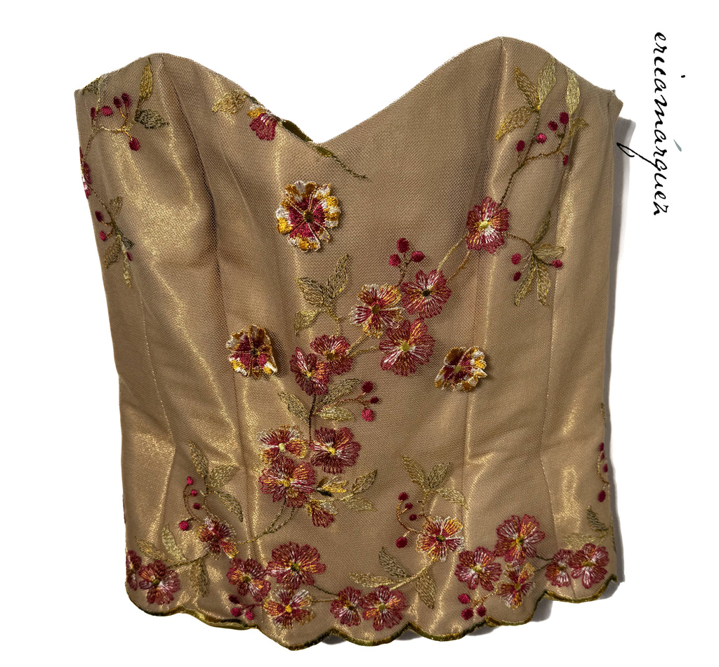 CHRISTIAN LACROIX Mariée Ensemble Gold Mesh Floral Overlay Bustier Pants Draper