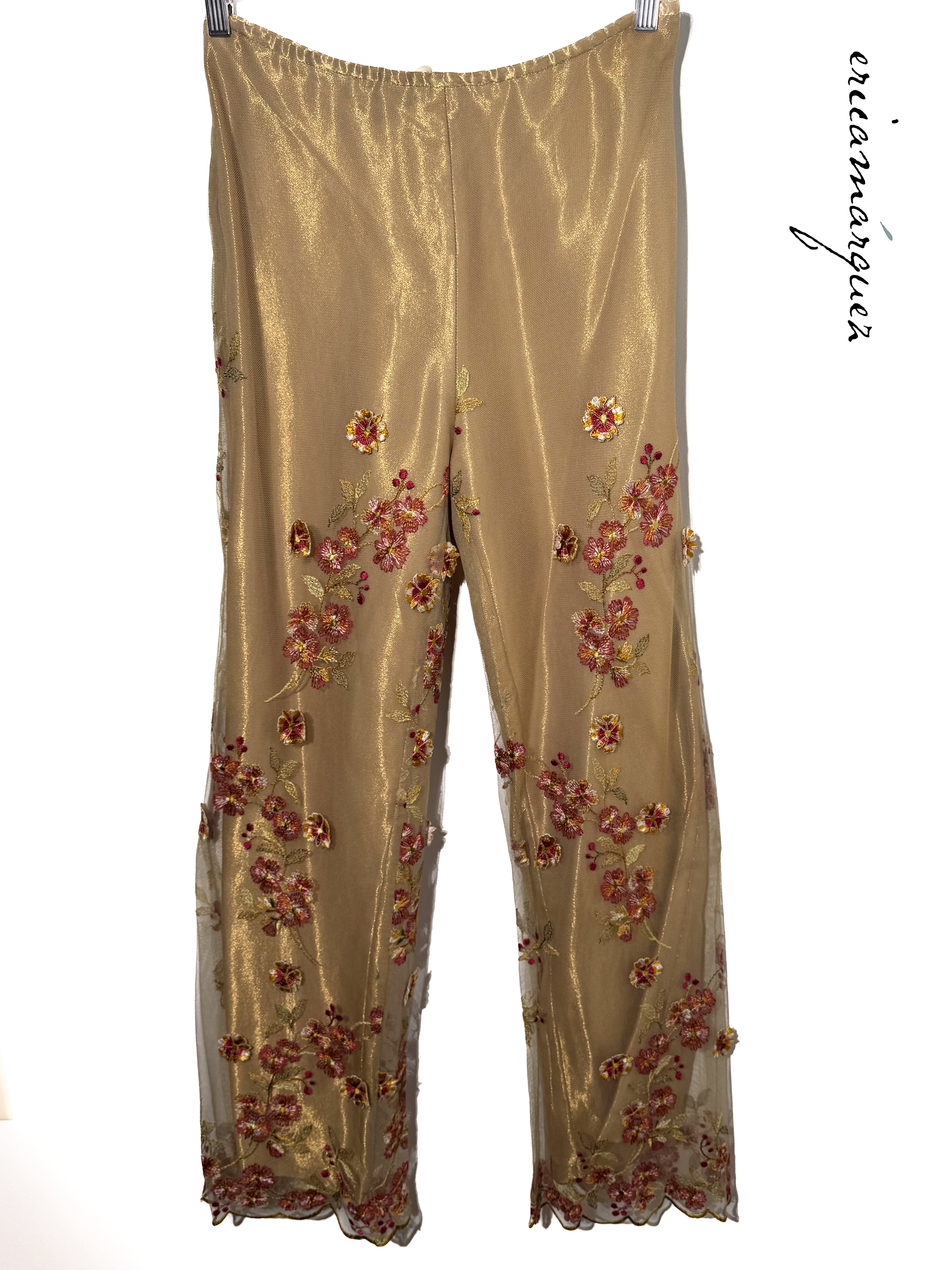 CHRISTIAN LACROIX Mariée Ensemble Gold Mesh Floral Overlay Bustier Pants Draper