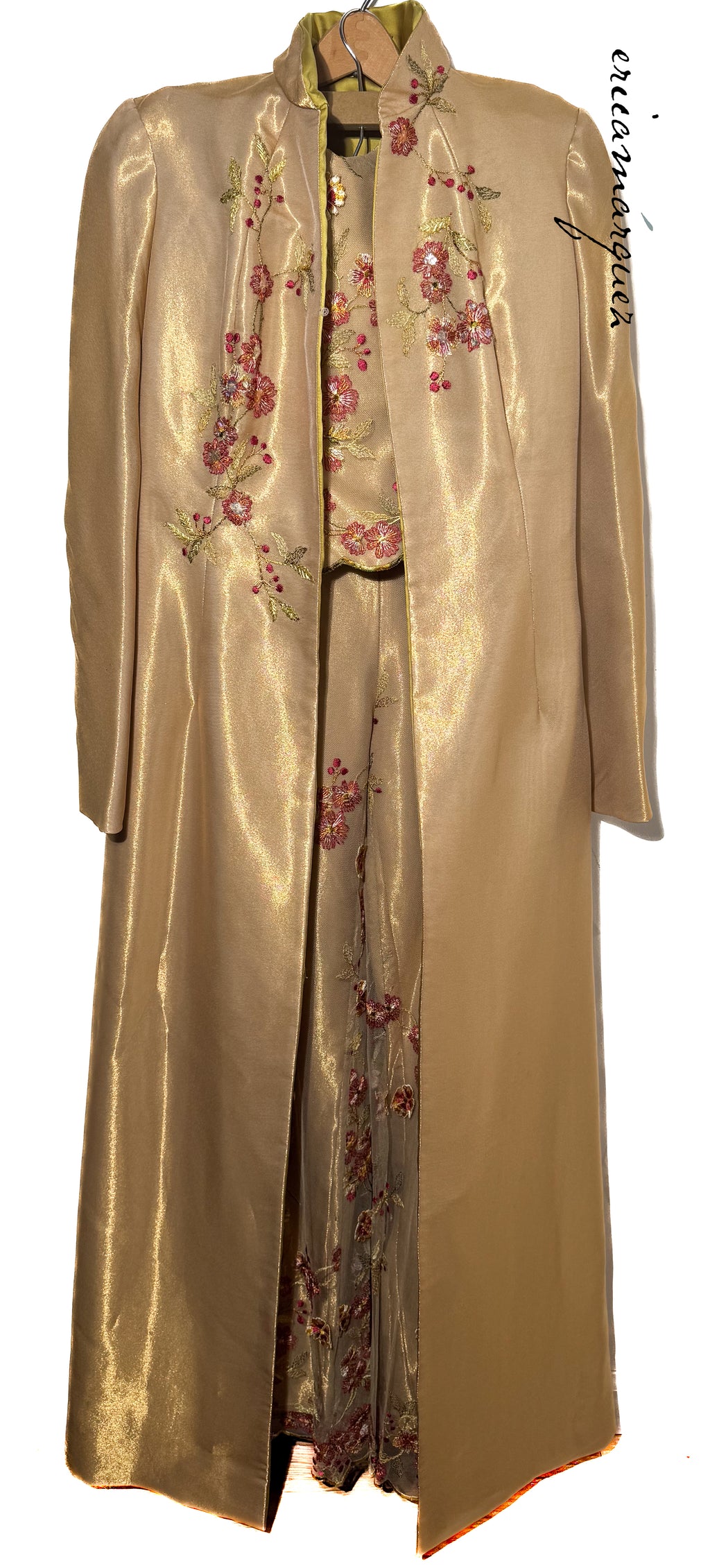 CHRISTIAN LACROIX Mariée Ensemble Gold Mesh Floral Overlay Bustier Pants Draper