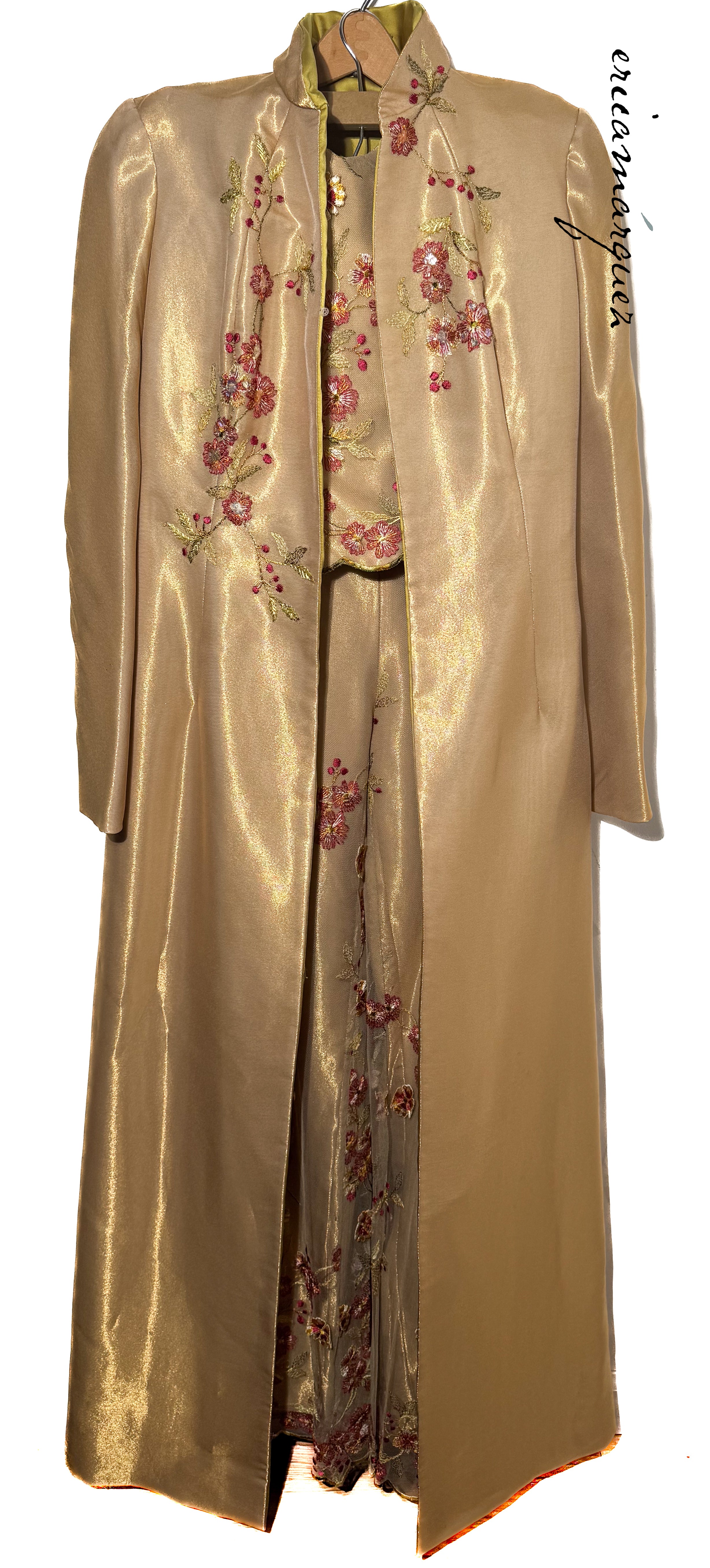 CHRISTIAN LACROIX Mariée Ensemble Gold Mesh Floral Overlay Bustier Pants Draper