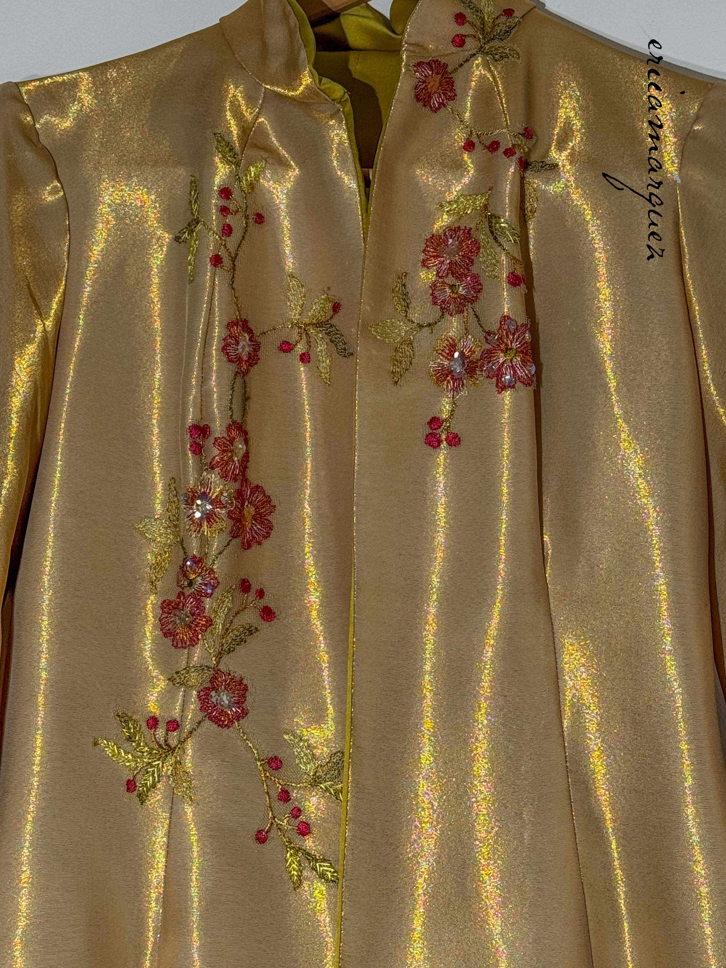 CHRISTIAN LACROIX Mariée Ensemble Gold Mesh Floral Overlay Bustier Pants Draper