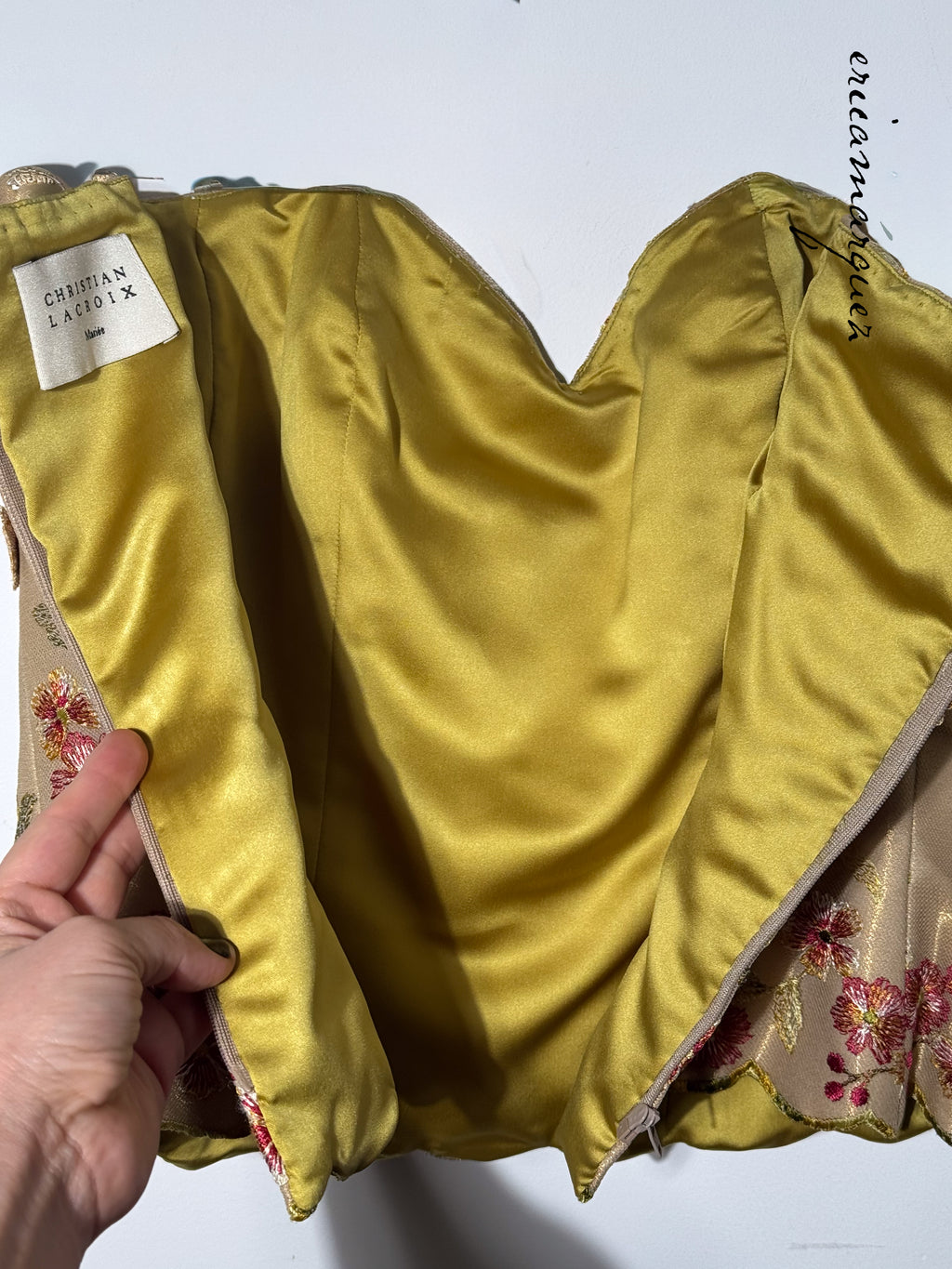 CHRISTIAN LACROIX Mariée Ensemble Gold Mesh Floral Overlay Bustier Pants Draper