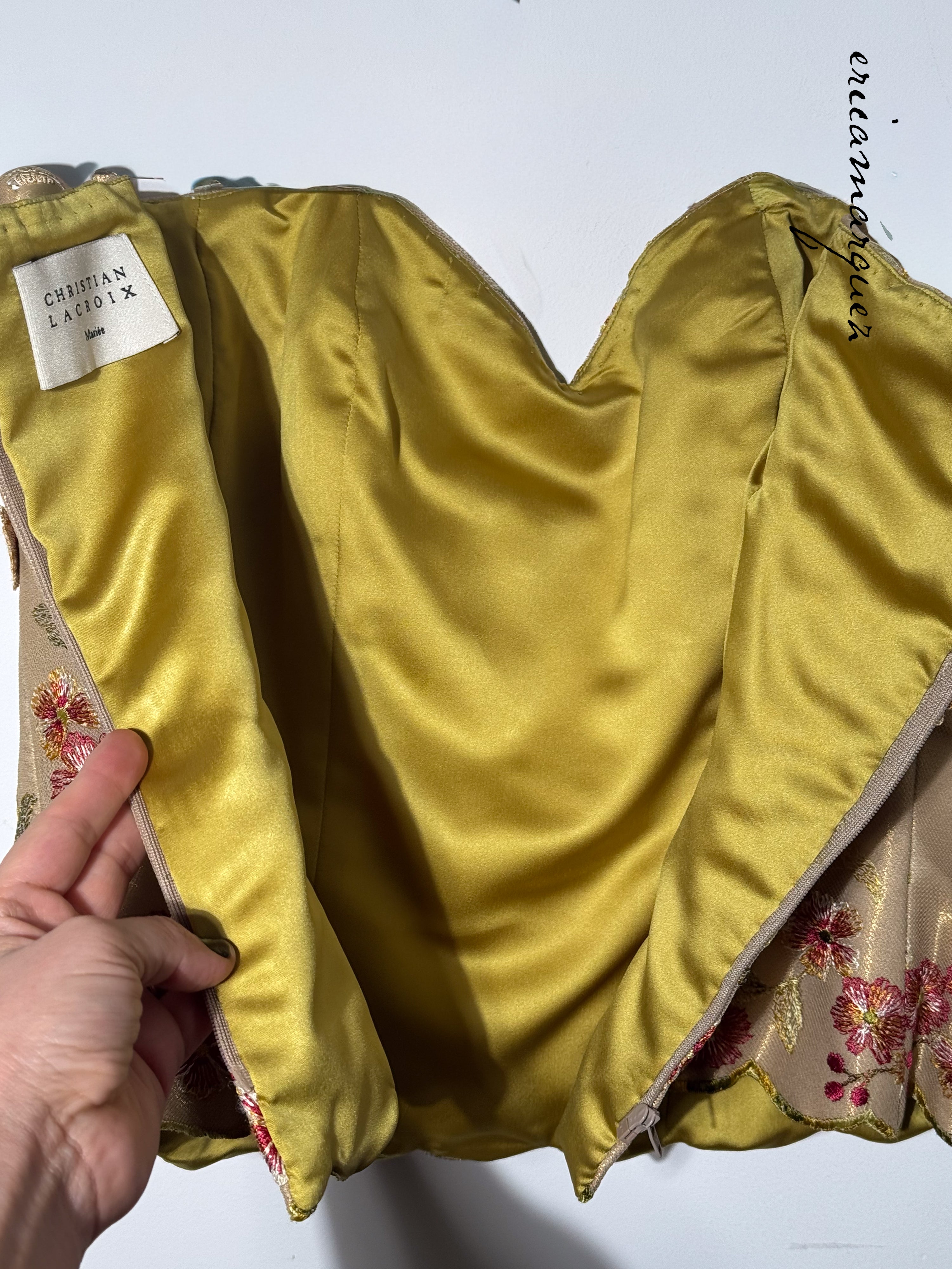 CHRISTIAN LACROIX Mariée Ensemble Gold Mesh Floral Overlay Bustier Pants Draper