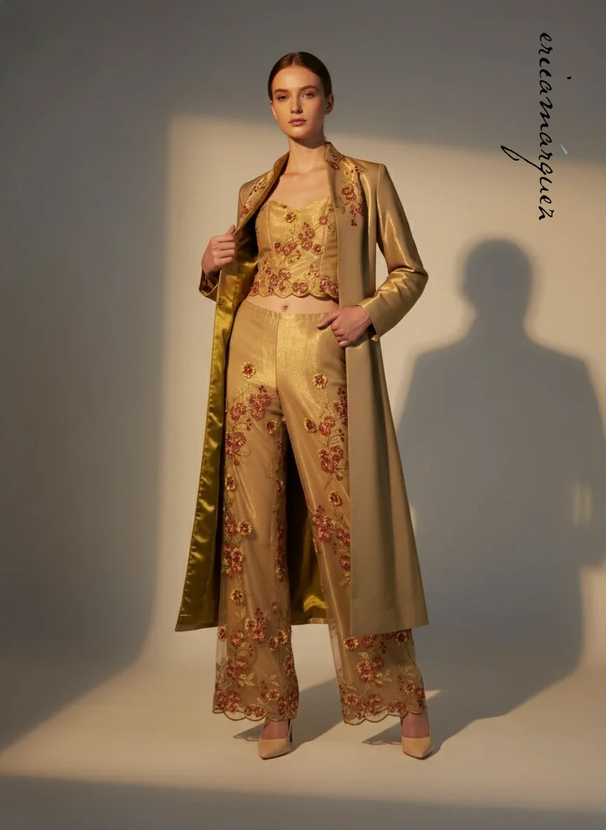 CHRISTIAN LACROIX Mariée Ensemble Gold Mesh Floral Overlay Bustier Pants Draper