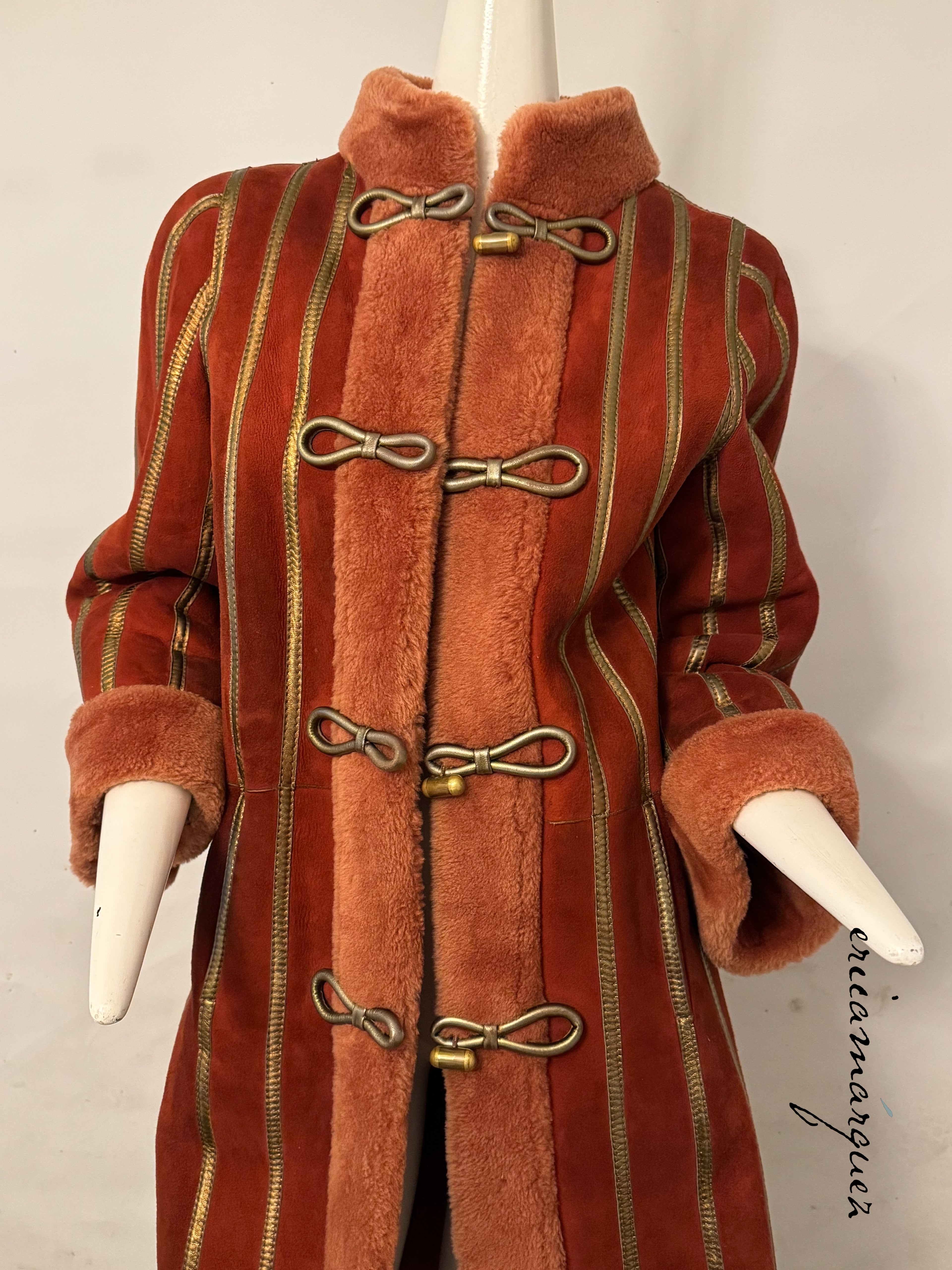 CHRISTIAN DIOR, red and peach shearling coat with gold stripes, 1970s