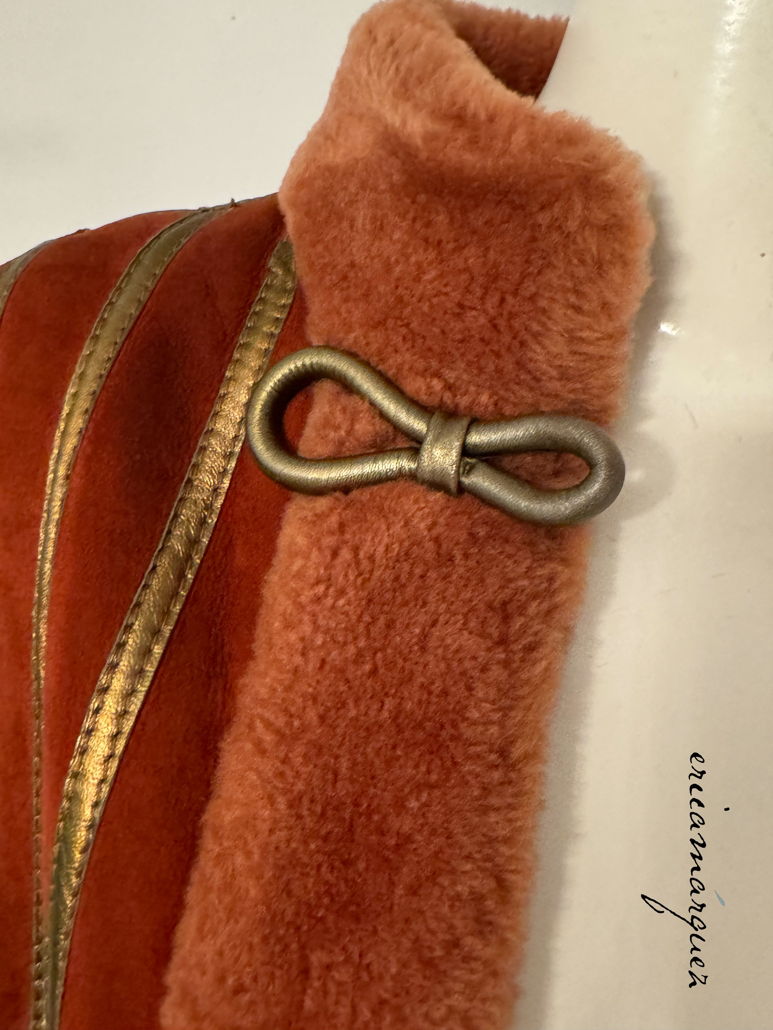 CHRISTIAN DIOR, red and peach shearling coat with gold stripes, 1970s