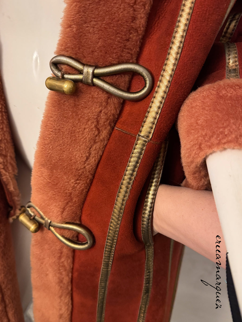 CHRISTIAN DIOR, red and peach shearling coat with gold stripes, 1970s