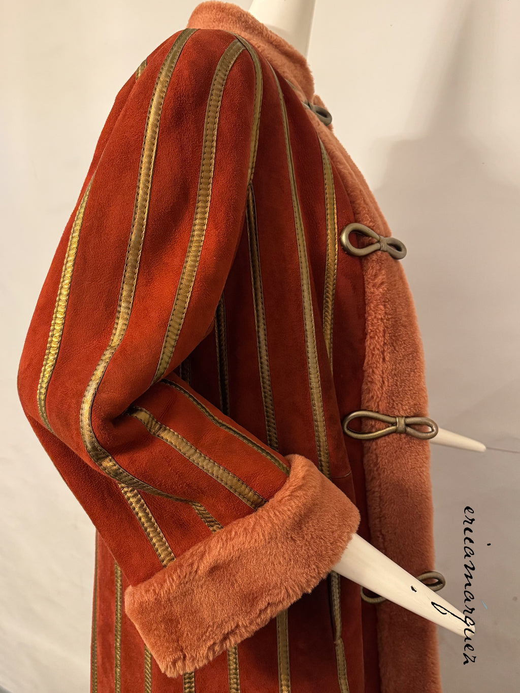 CHRISTIAN DIOR, red and peach shearling coat with gold stripes, 1970s