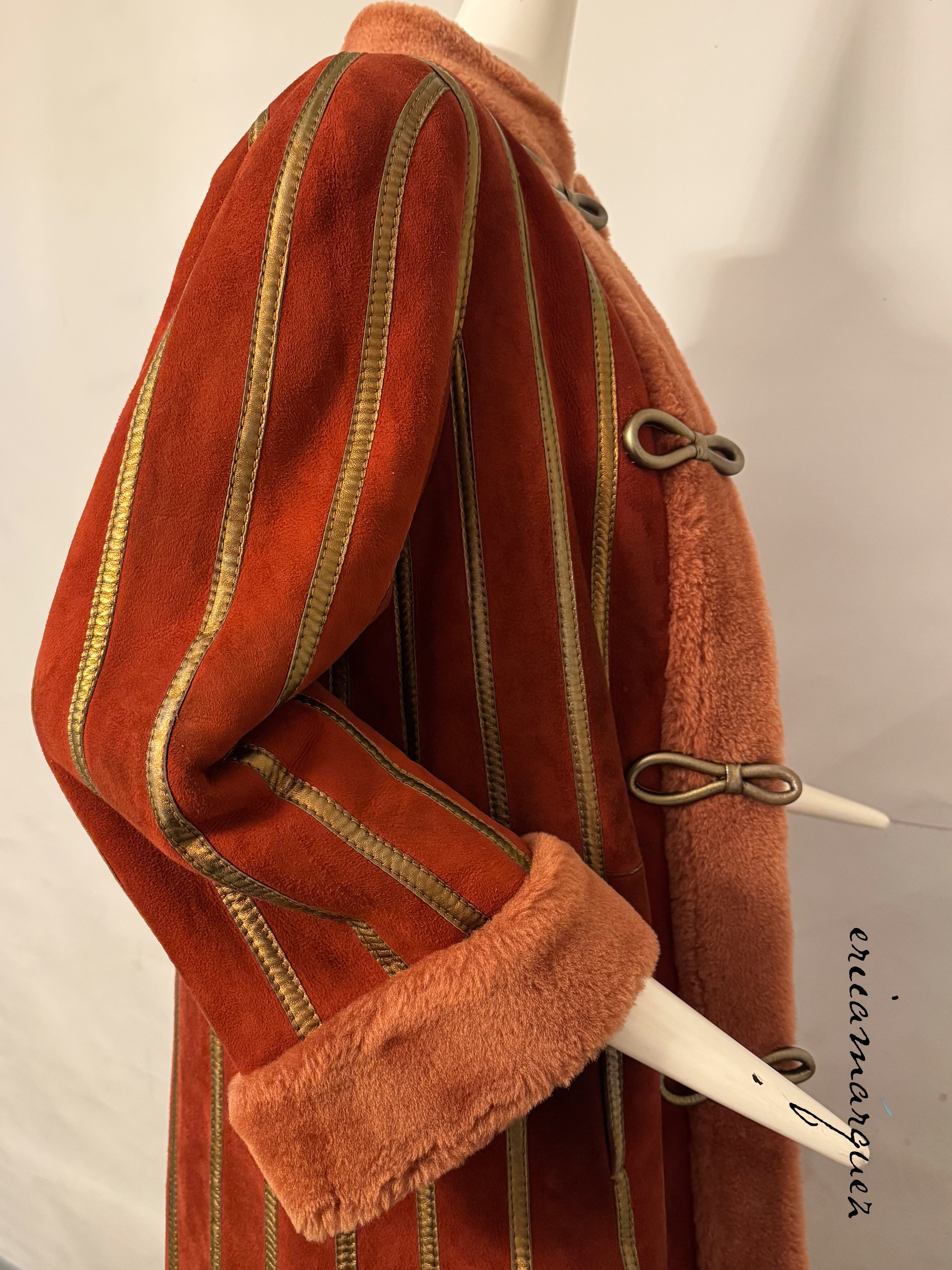 CHRISTIAN DIOR, red and peach shearling coat with gold stripes, 1970s