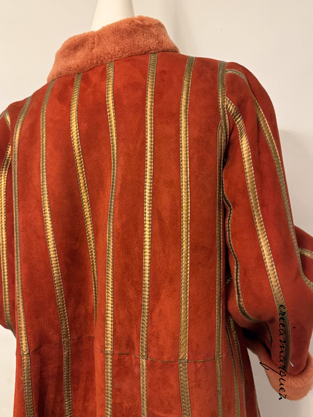 CHRISTIAN DIOR, red and peach shearling coat with gold stripes, 1970s