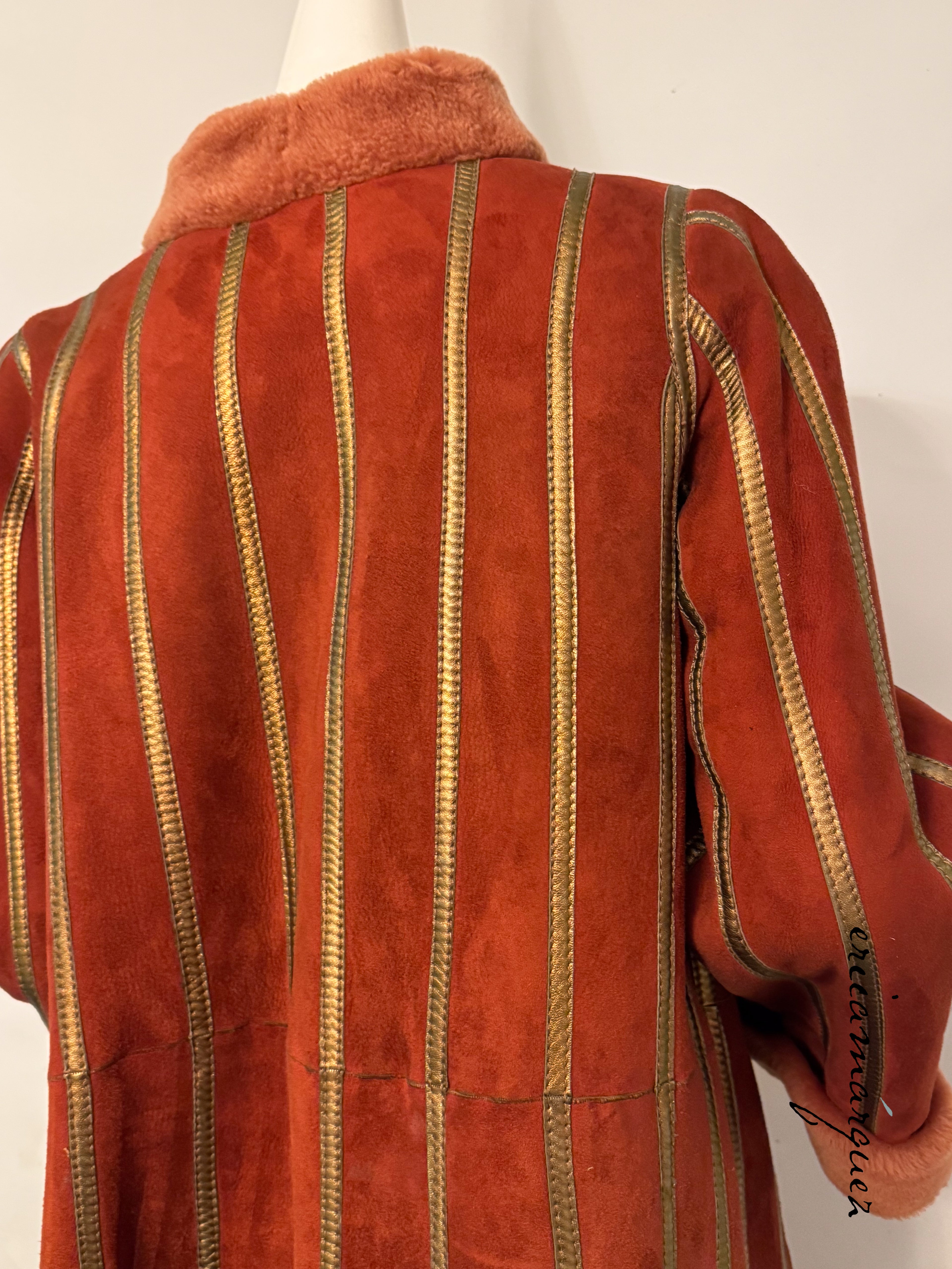 CHRISTIAN DIOR, red and peach shearling coat with gold stripes, 1970s