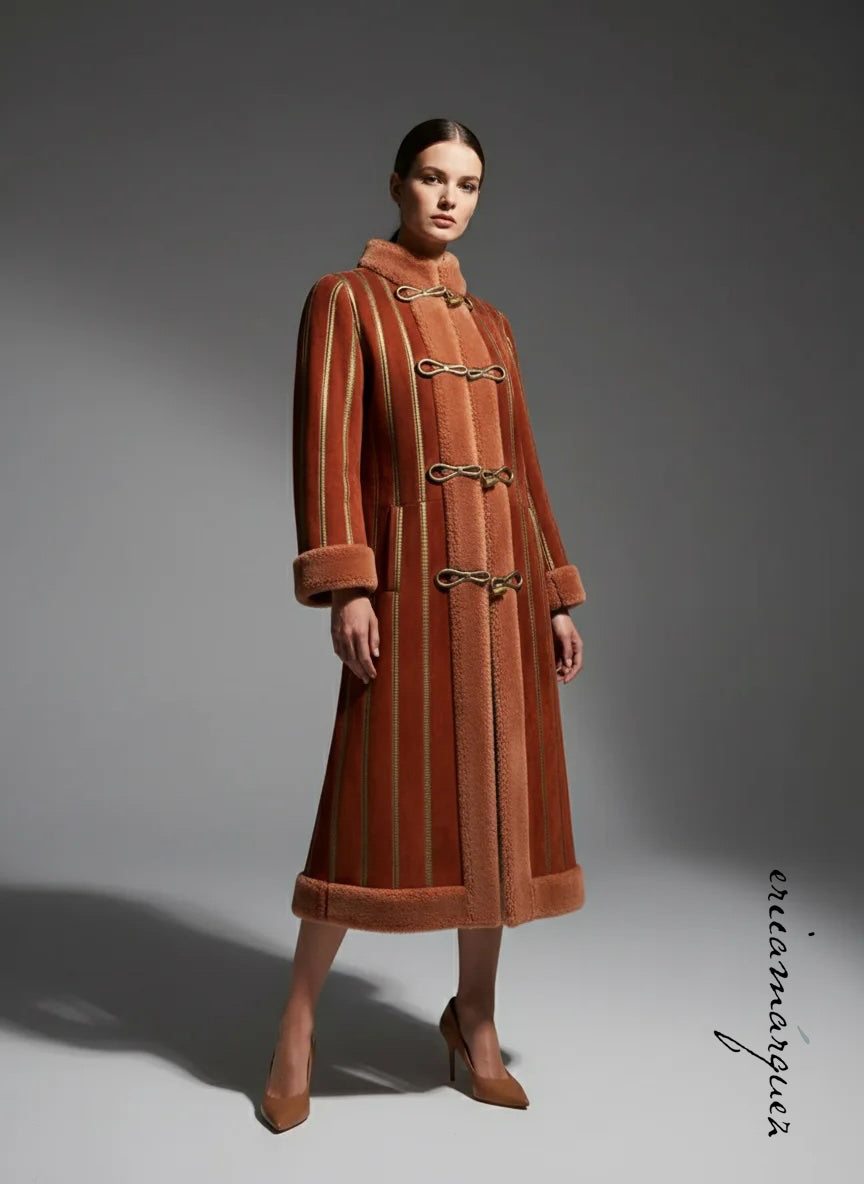 CHRISTIAN DIOR, red and peach shearling coat with gold stripes, 1970s