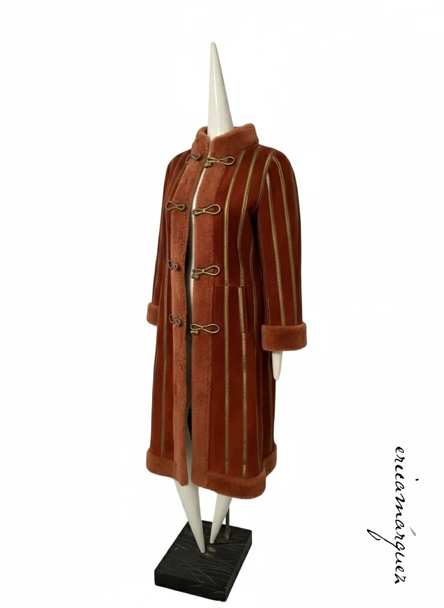 CHRISTIAN DIOR, red and peach shearling coat with gold stripes, 1970s
