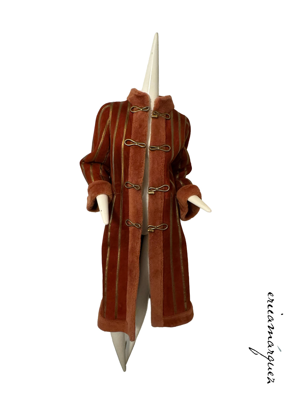 CHRISTIAN DIOR, red and peach shearling coat with gold stripes, 1970s