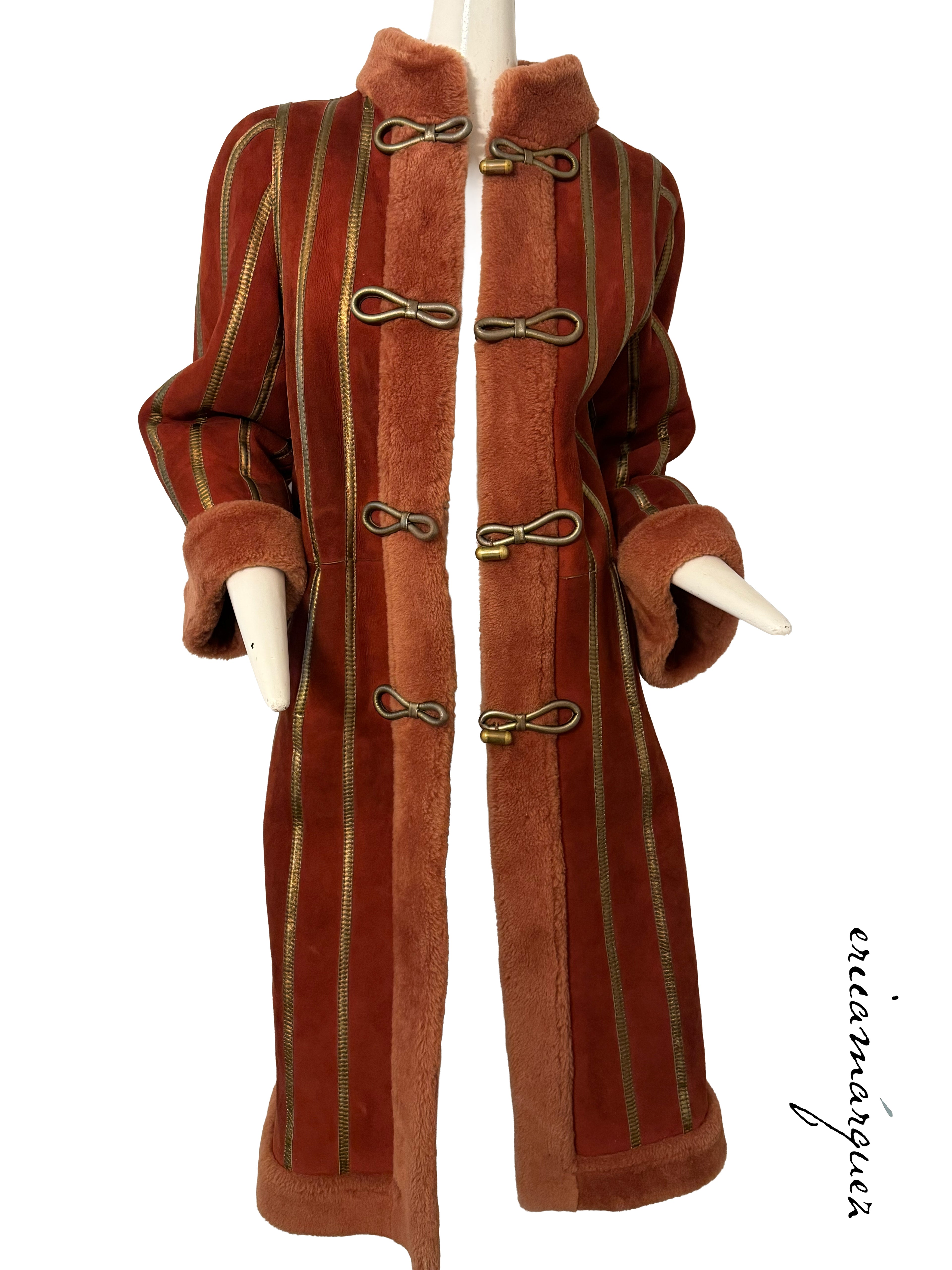 CHRISTIAN DIOR, red and peach shearling coat with gold stripes, 1970s