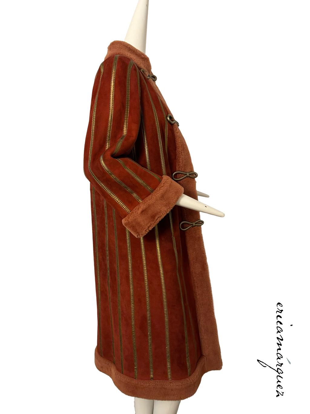CHRISTIAN DIOR, red and peach shearling coat with gold stripes, 1970s