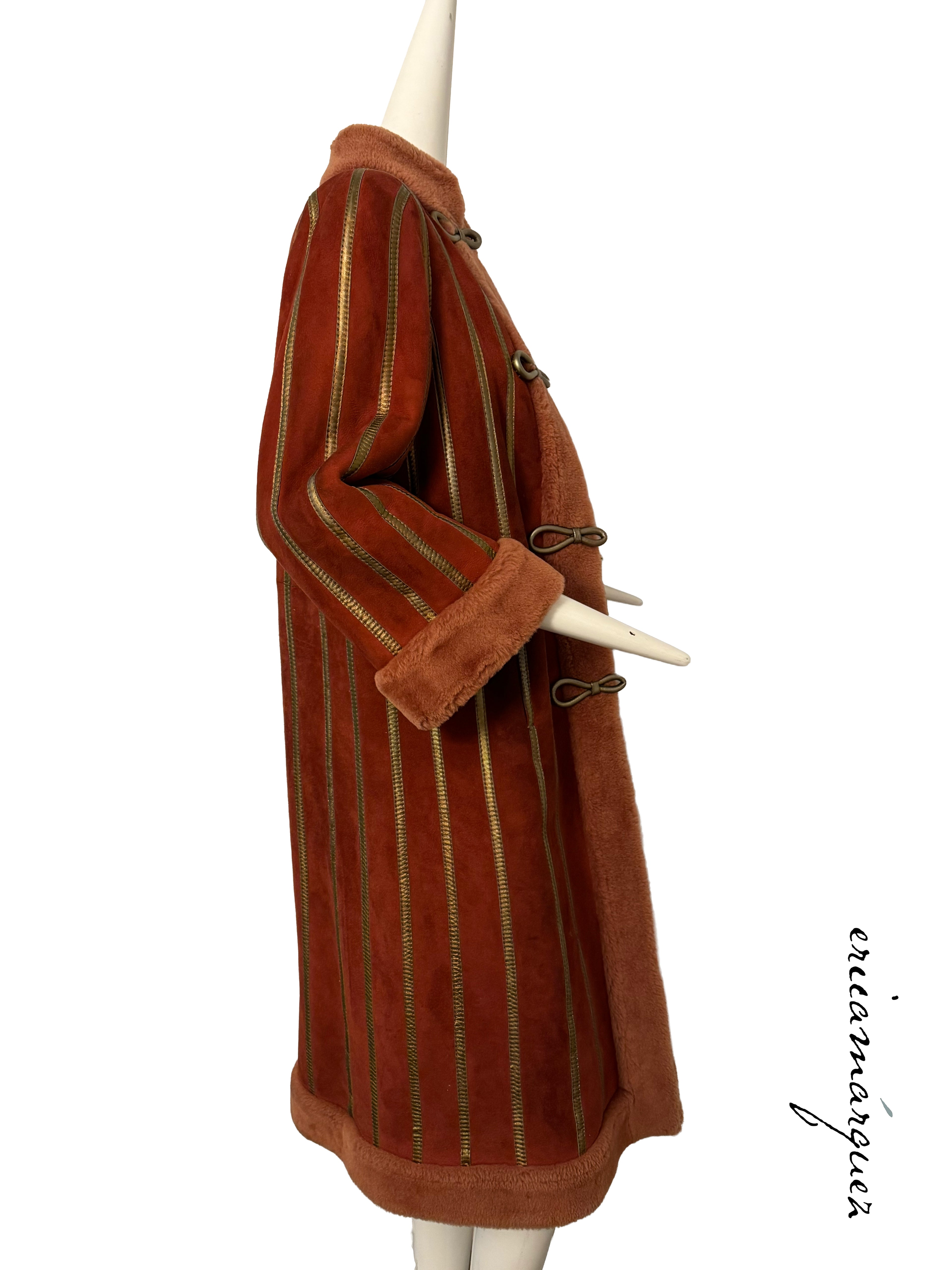 CHRISTIAN DIOR, red and peach shearling coat with gold stripes, 1970s