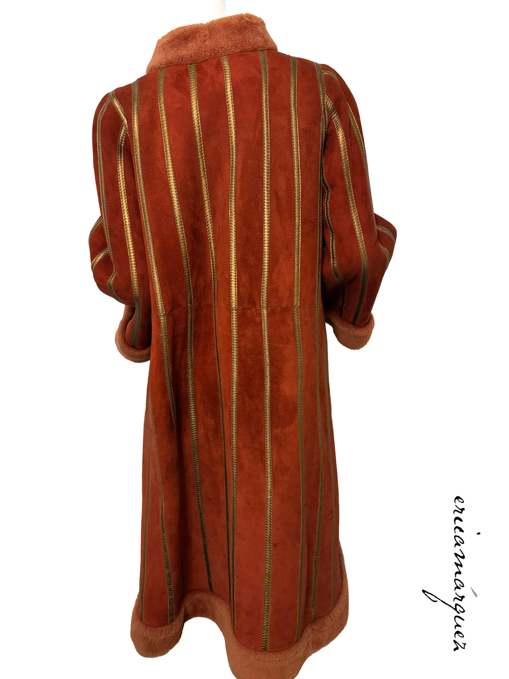 CHRISTIAN DIOR, red and peach shearling coat with gold stripes, 1970s