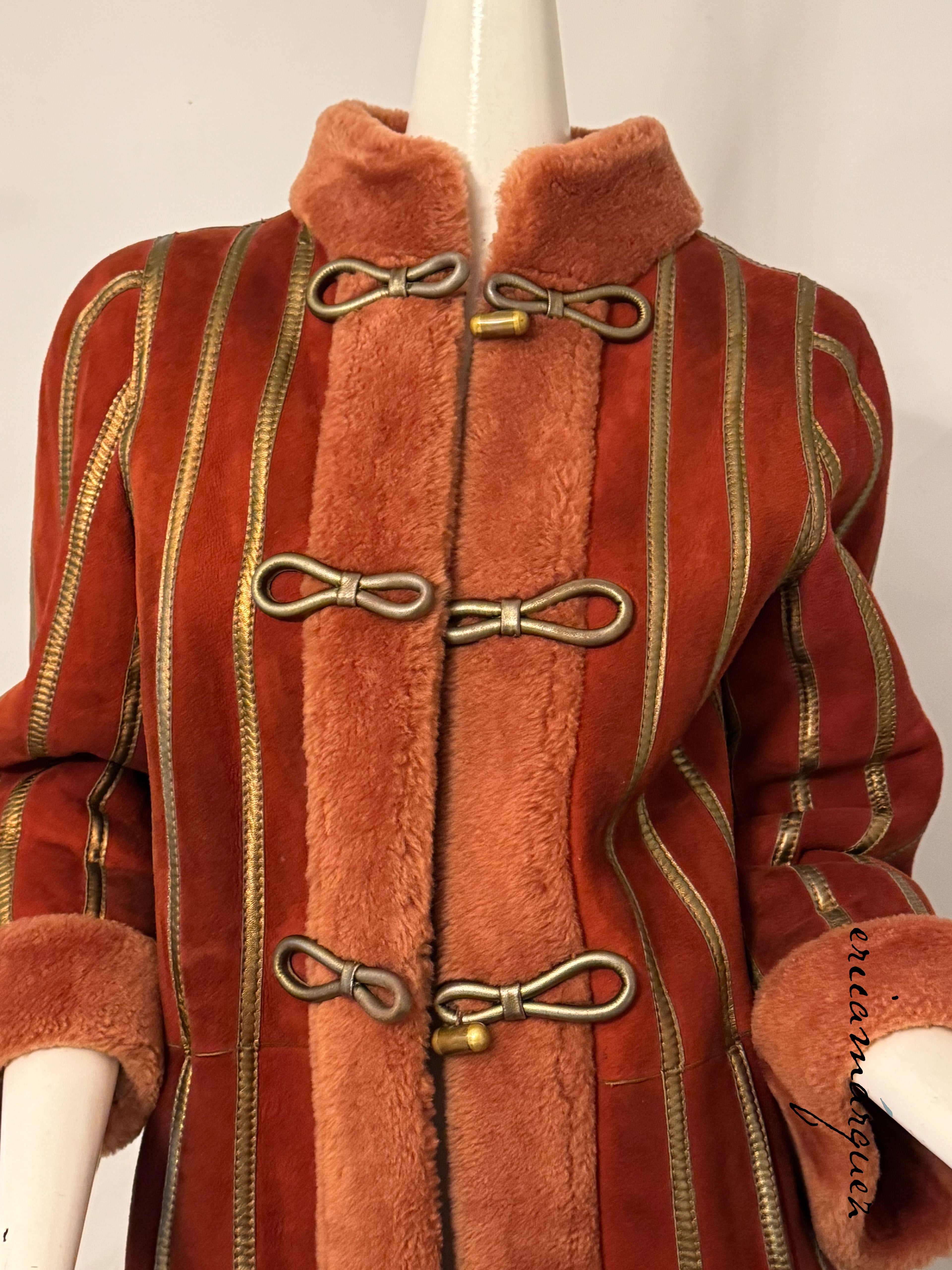 CHRISTIAN DIOR, red and peach shearling coat with gold stripes, 1970s