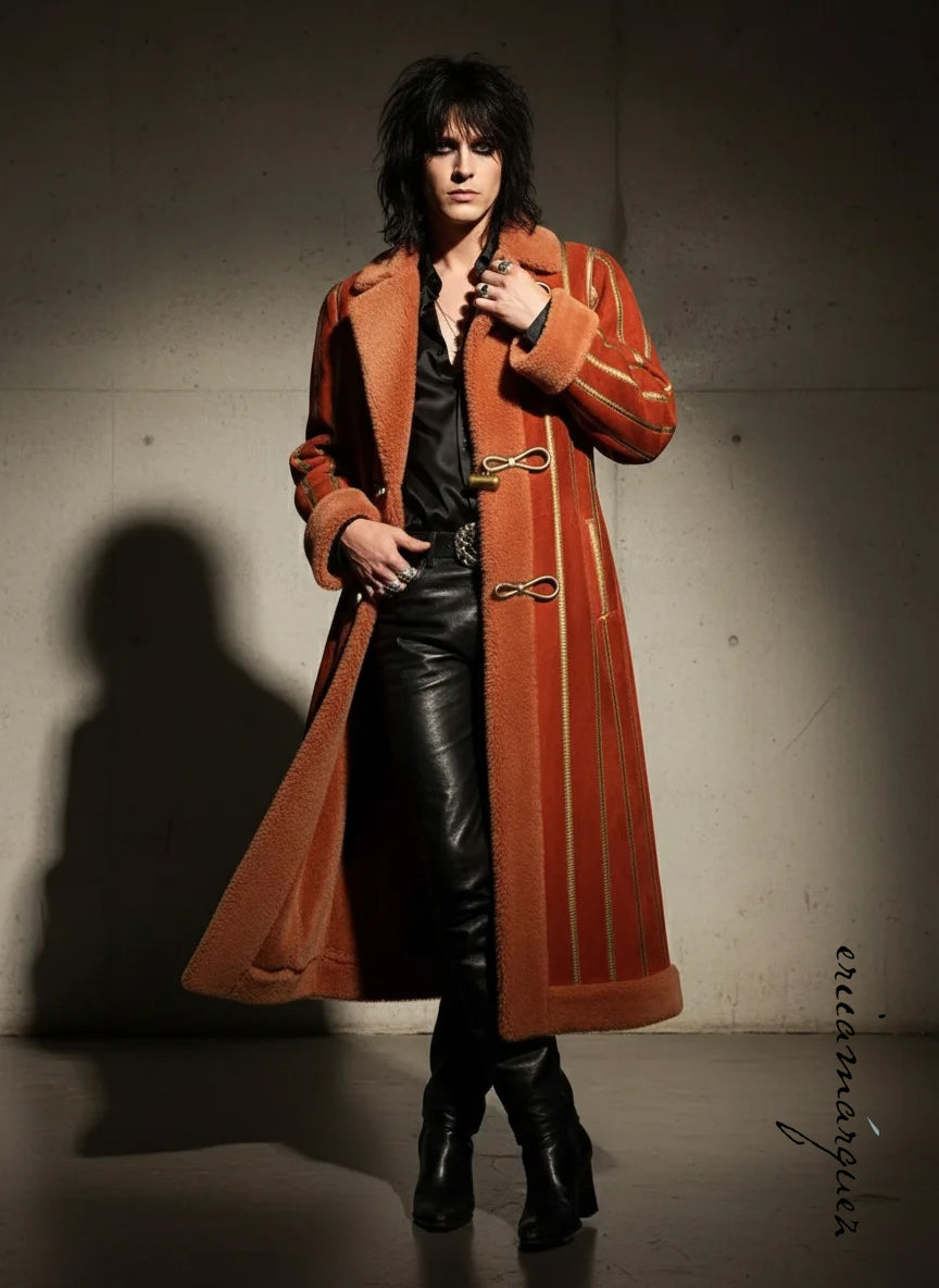 CHRISTIAN DIOR, red and peach shearling coat with gold stripes, 1970s