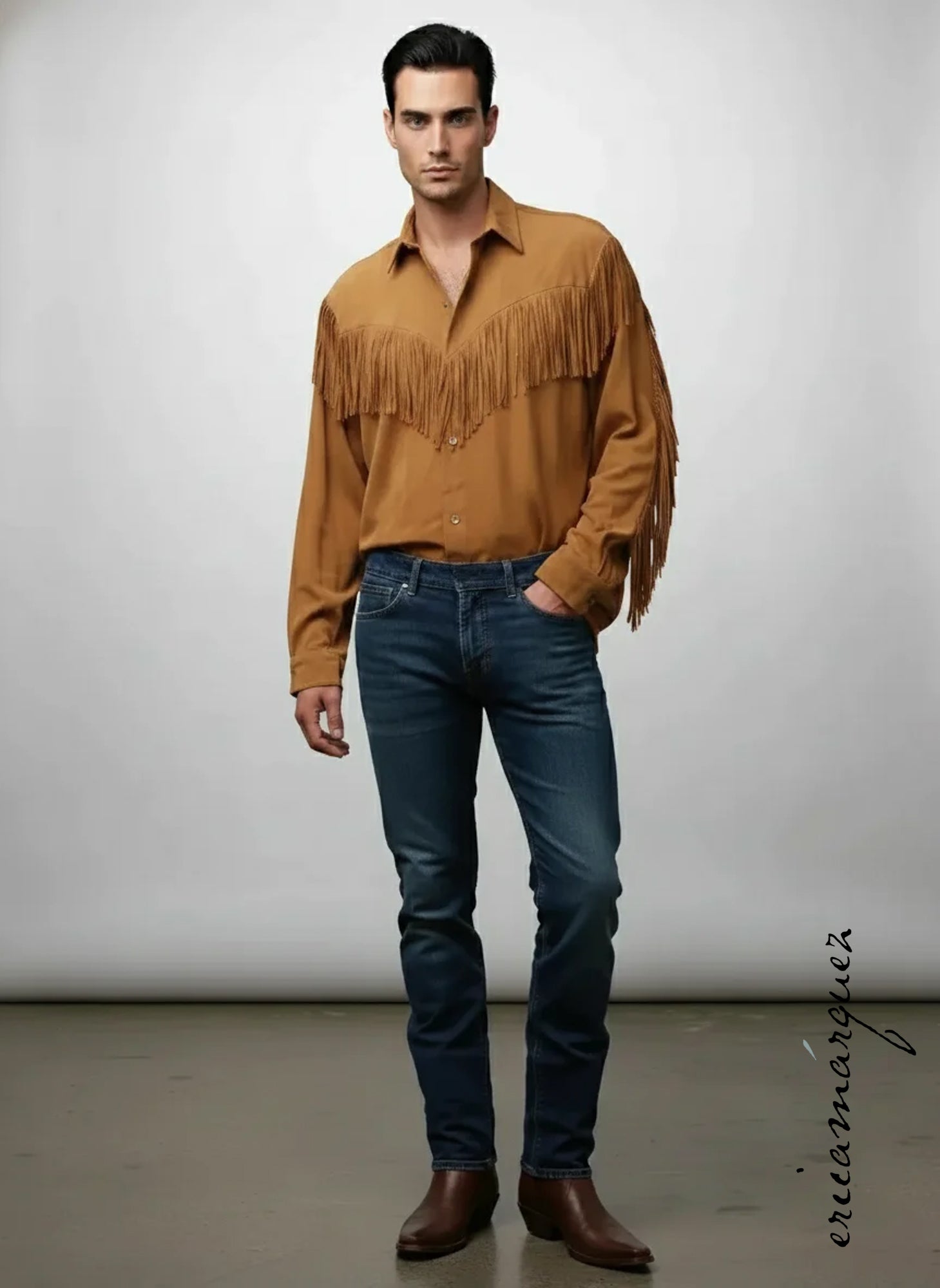 DANIEL MIEXEL, Very Vintage Haute Couture Carmel Suede Like Butter Fringe Long Sleeve Button Up