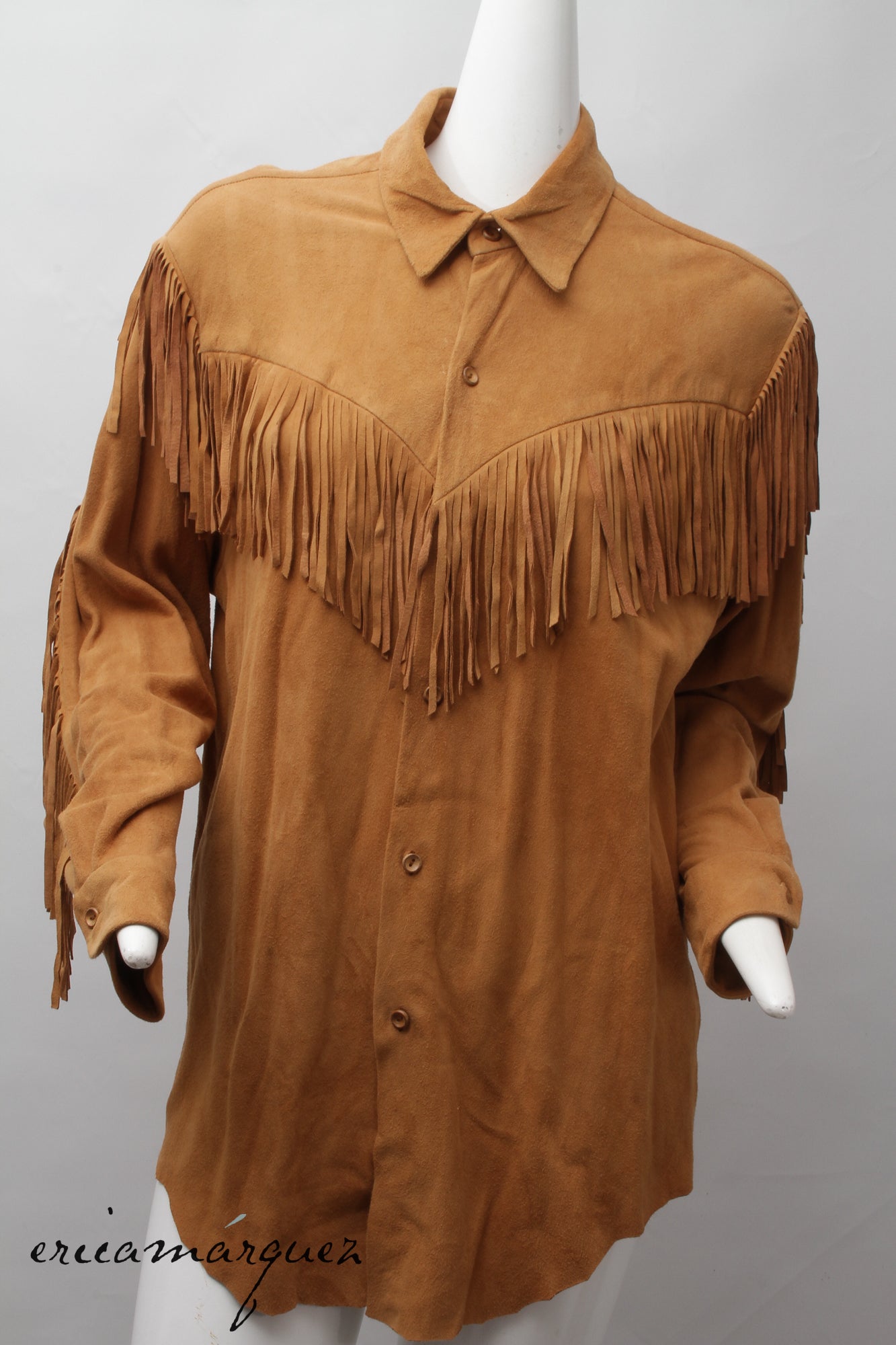 DANIEL MIEXEL, Very Vintage Haute Couture Carmel Suede Like Butter Fringe Long Sleeve Button Up