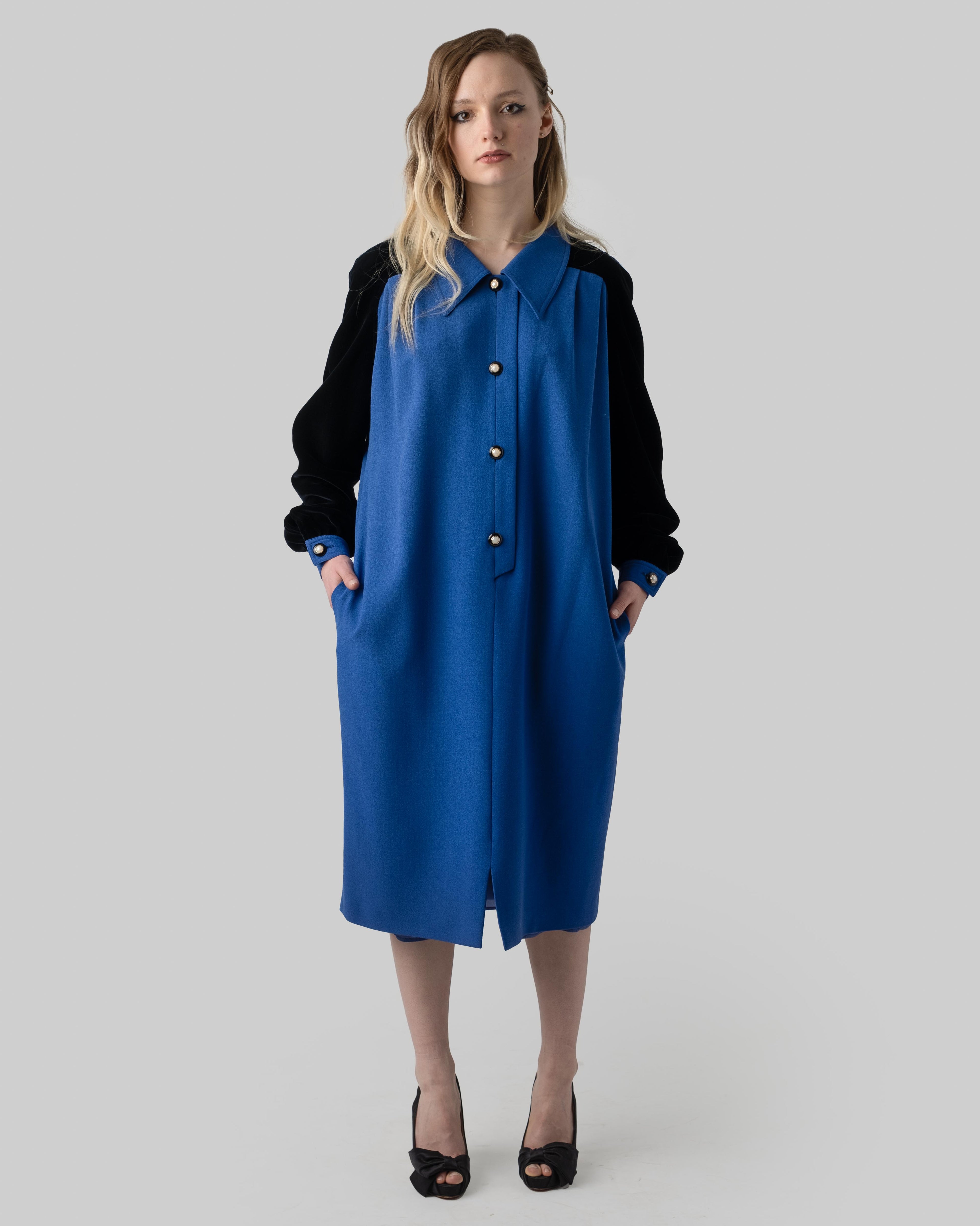 VALENTINO MISS V Blue Wool and Black Velvet Midi Dress