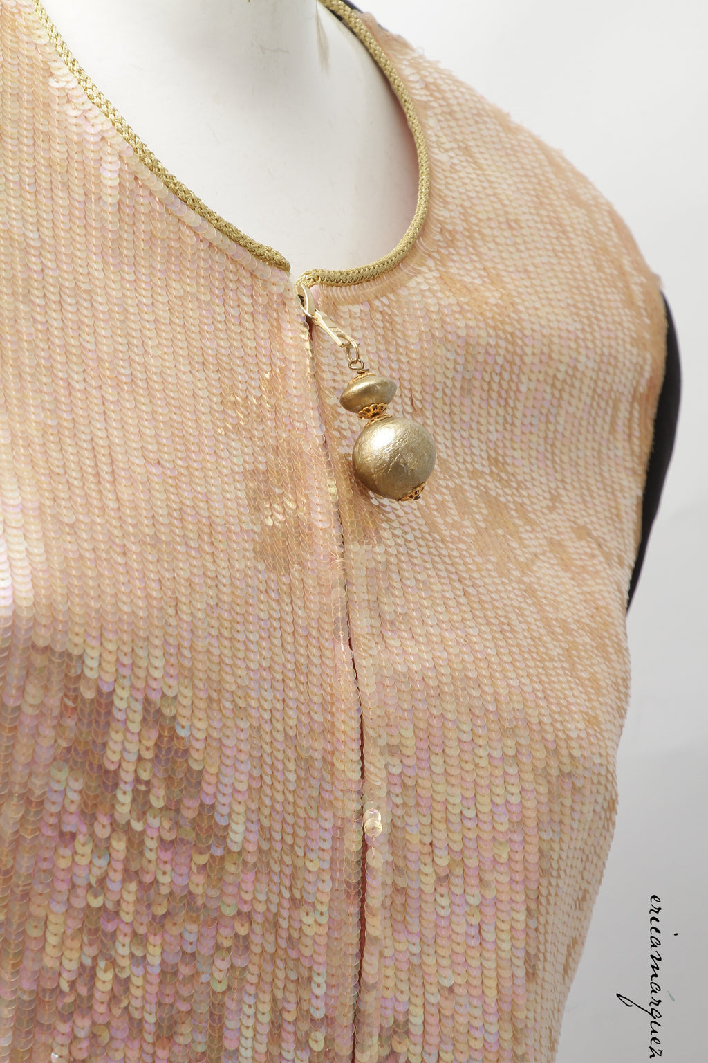 GIANFRANCO FERRE, Pink Organza Silk Vest Jacket with Gold-Tone Sequins and Sphere Zipper Pull