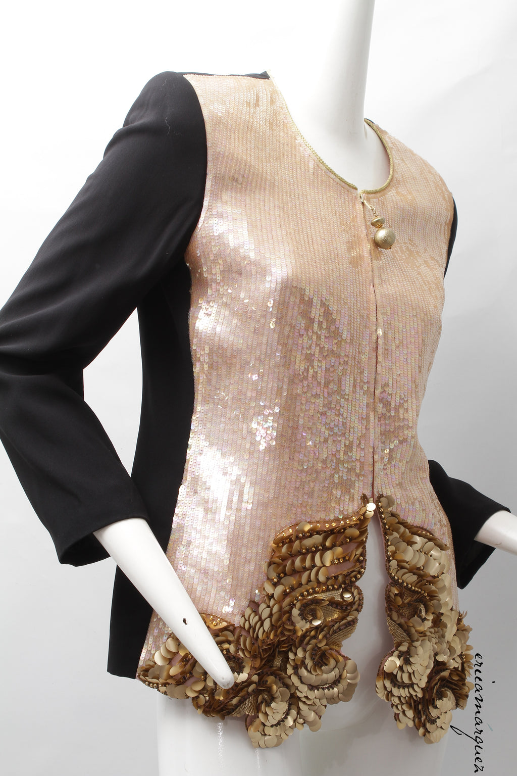 GIANFRANCO FERRE, Pink Organza Silk Vest Jacket with Gold-Tone Sequins and Sphere Zipper Pull
