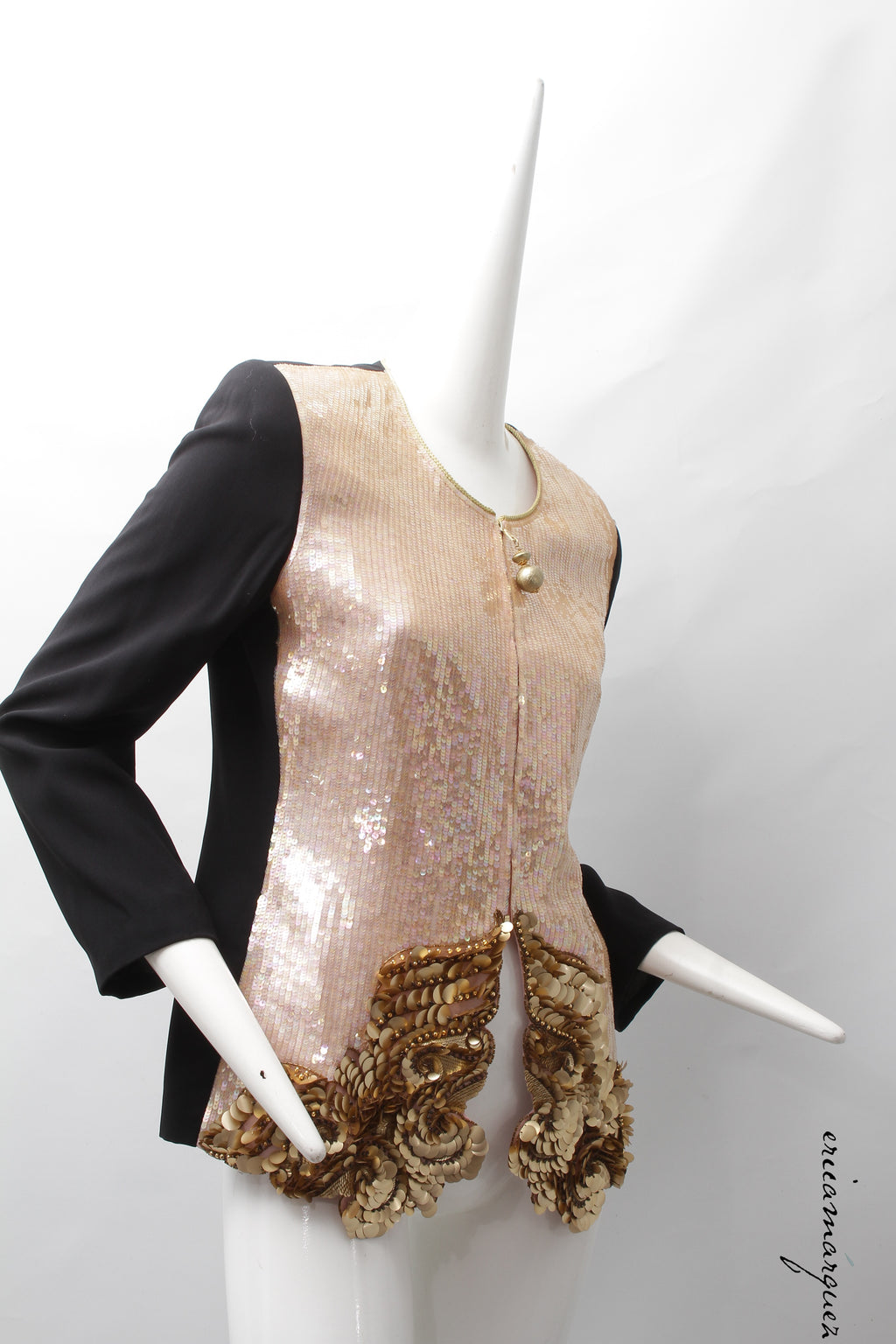 GIANFRANCO FERRE, Pink Organza Silk Vest Jacket with Gold-Tone Sequins and Sphere Zipper Pull