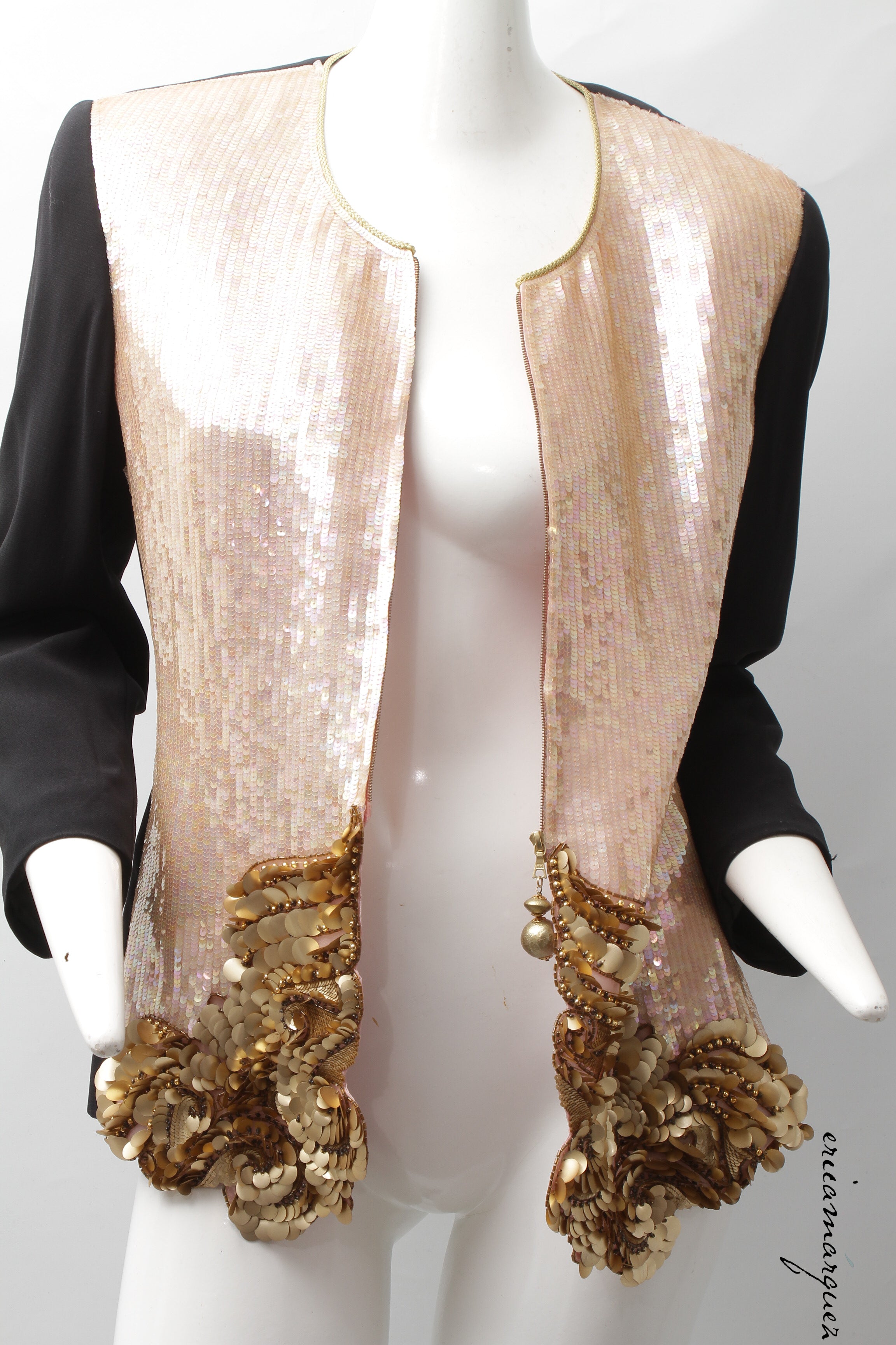 GIANFRANCO FERRE, Pink Organza Silk Vest Jacket with Gold-Tone Sequins and Sphere Zipper Pull