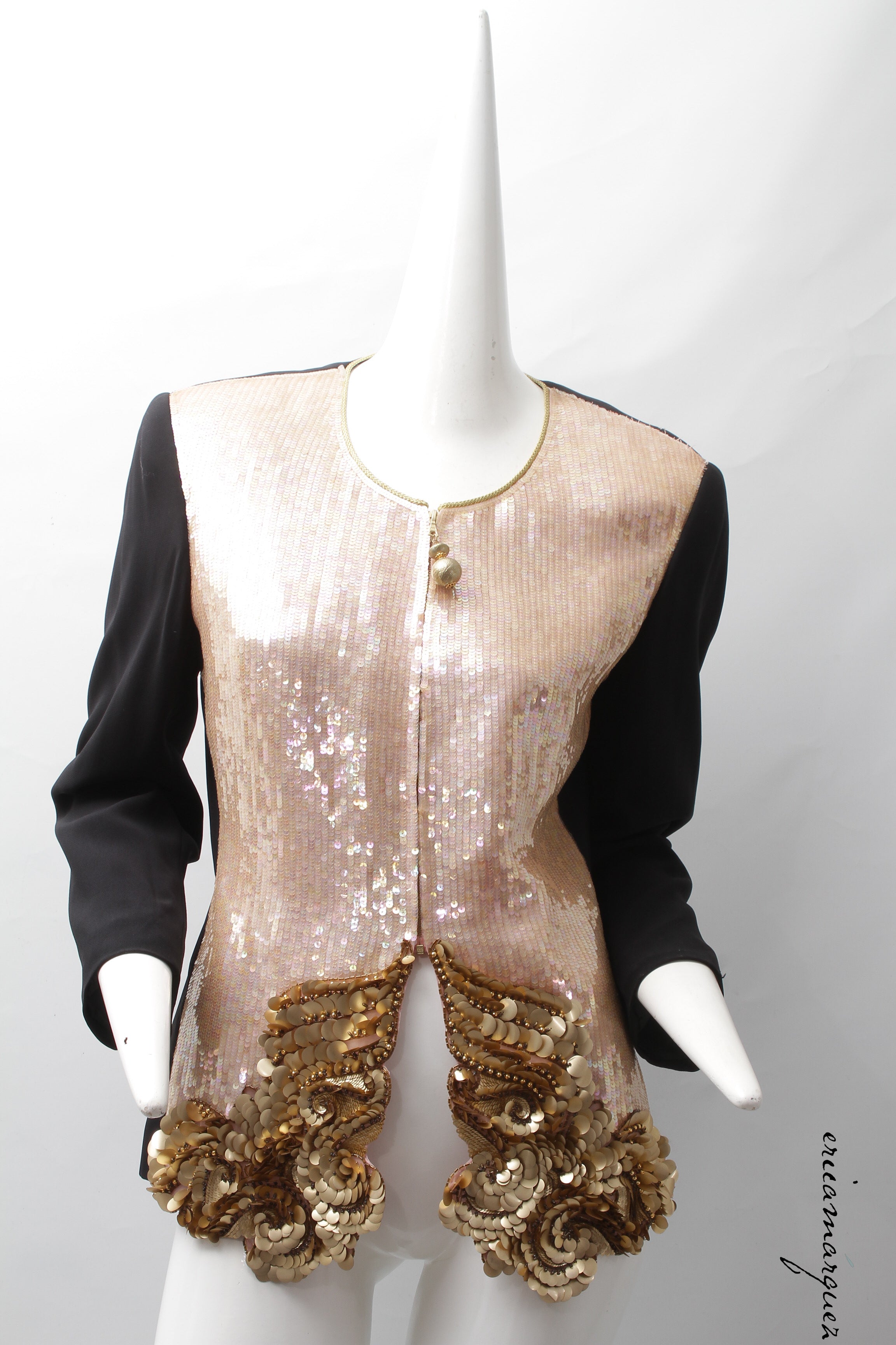 GIANFRANCO FERRE, Pink Organza Silk Vest Jacket with Gold-Tone Sequins and Sphere Zipper Pull