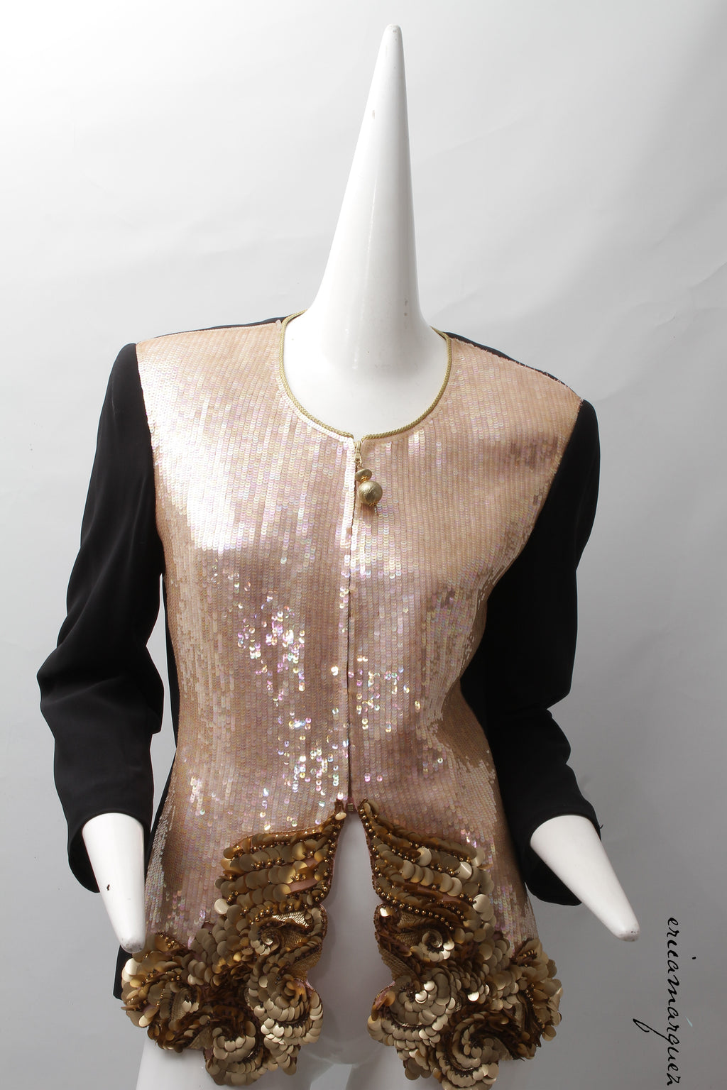 GIANFRANCO FERRE, Pink Organza Silk Vest Jacket with Gold-Tone Sequins and Sphere Zipper Pull