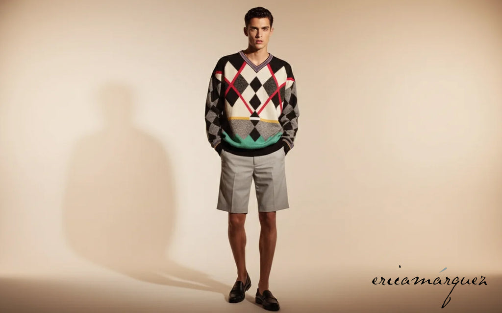 GIANNI VERSACE, Wool Cashmere and Silk Blend, Argyle, Long Sleeve, V-Neck Sweater