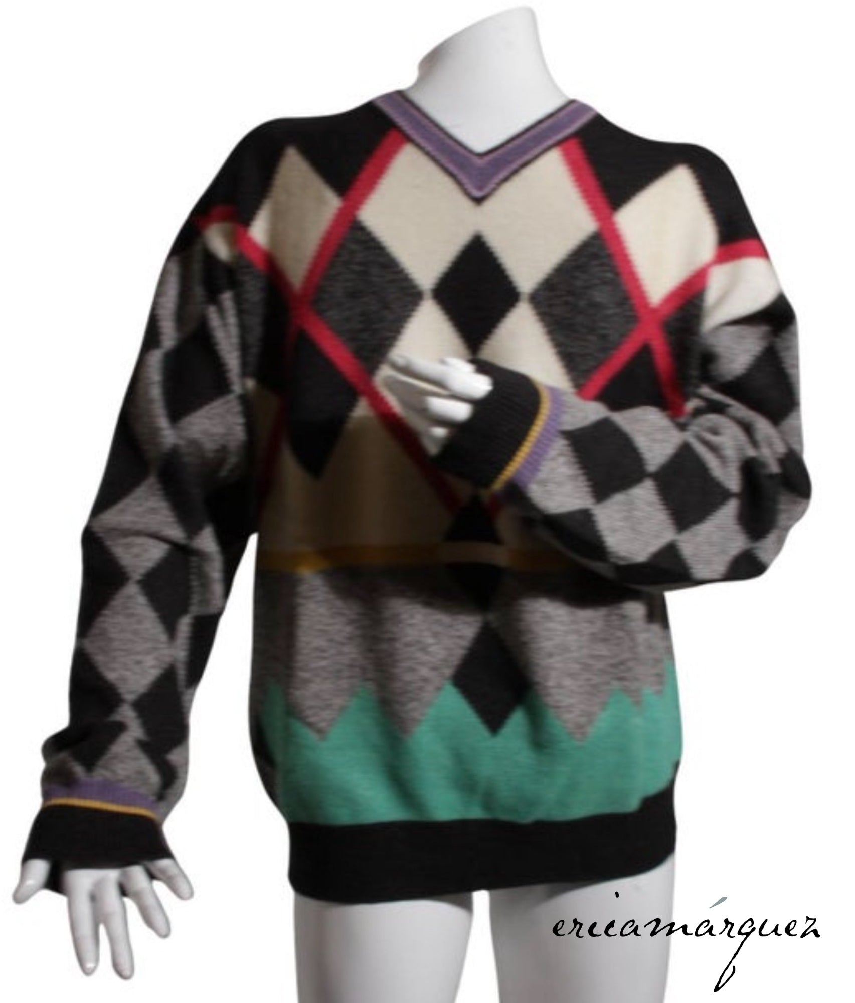 GIANNI VERSACE, Wool Cashmere and Silk Blend, Argyle, Long Sleeve, V-Neck Sweater