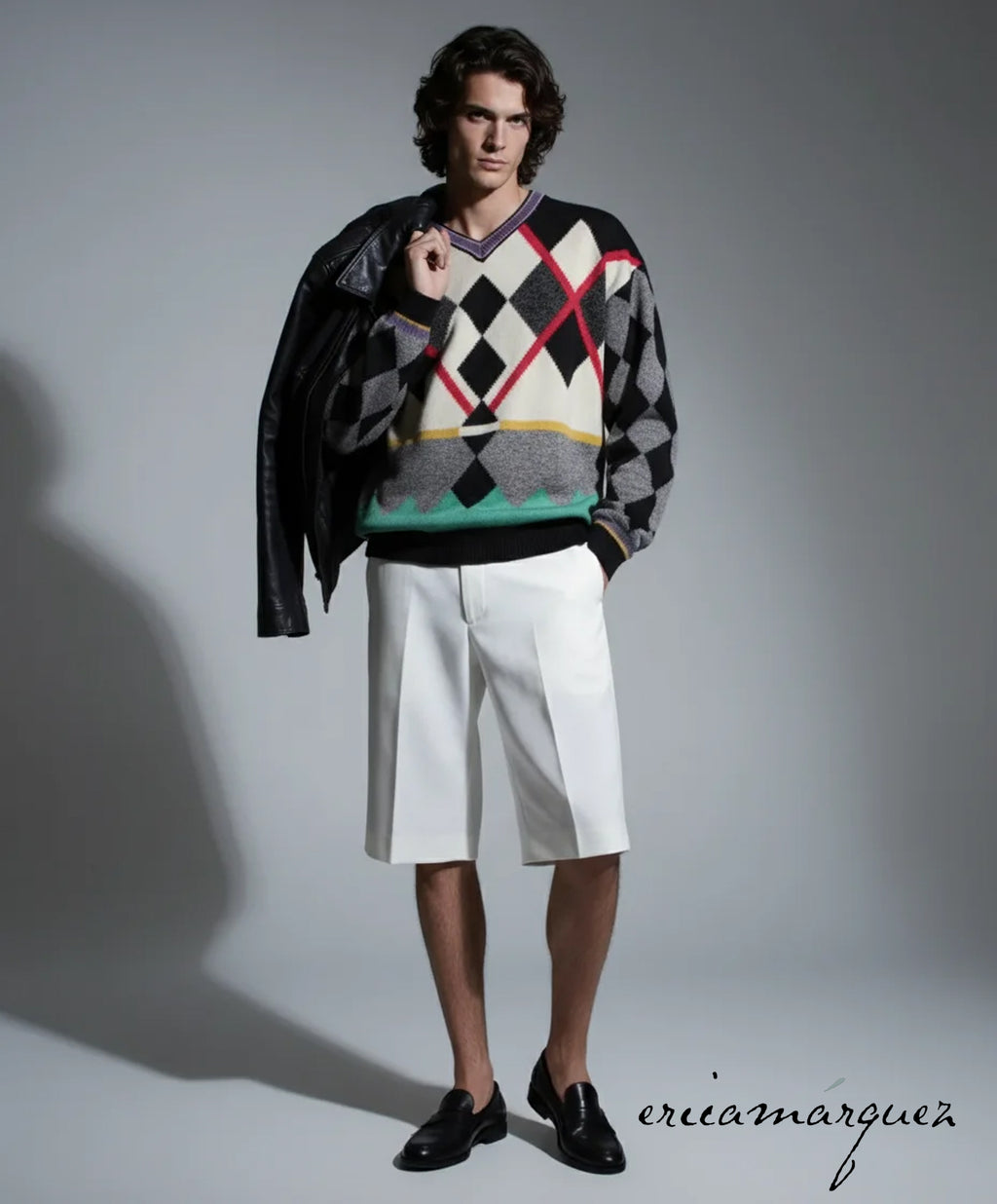 GIANNI VERSACE, Wool Cashmere and Silk Blend, Argyle, Long Sleeve, V-Neck Sweater