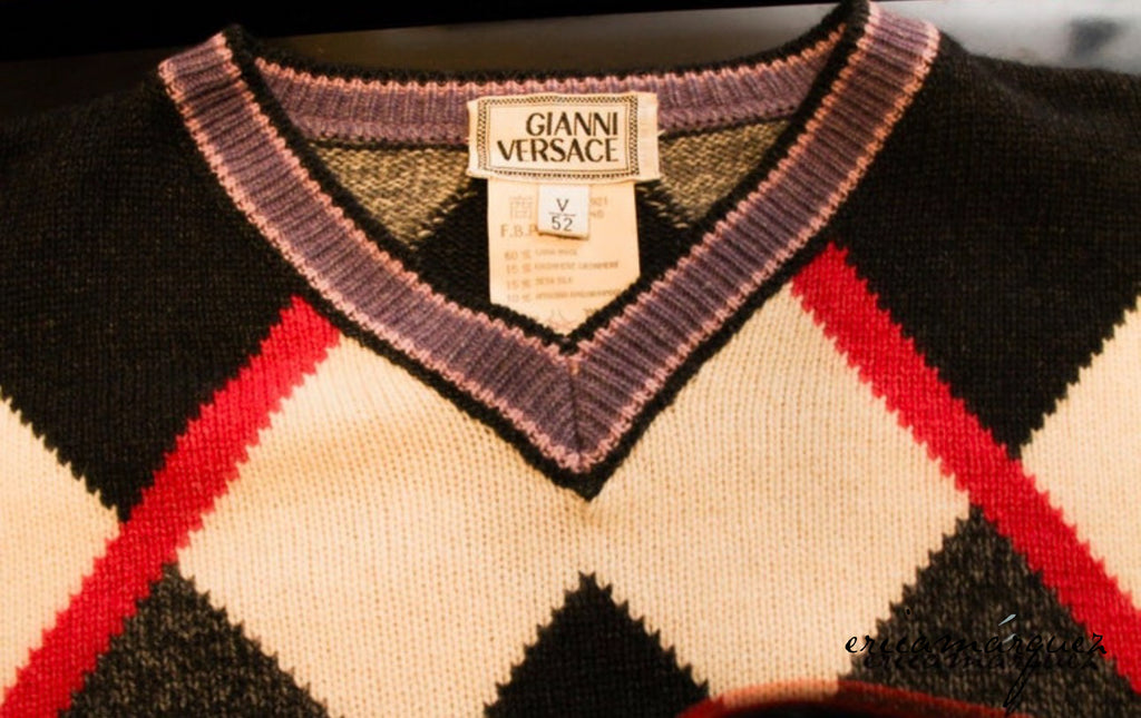 GIANNI VERSACE, Wool Cashmere and Silk Blend, Argyle, Long Sleeve, V-Neck Sweater