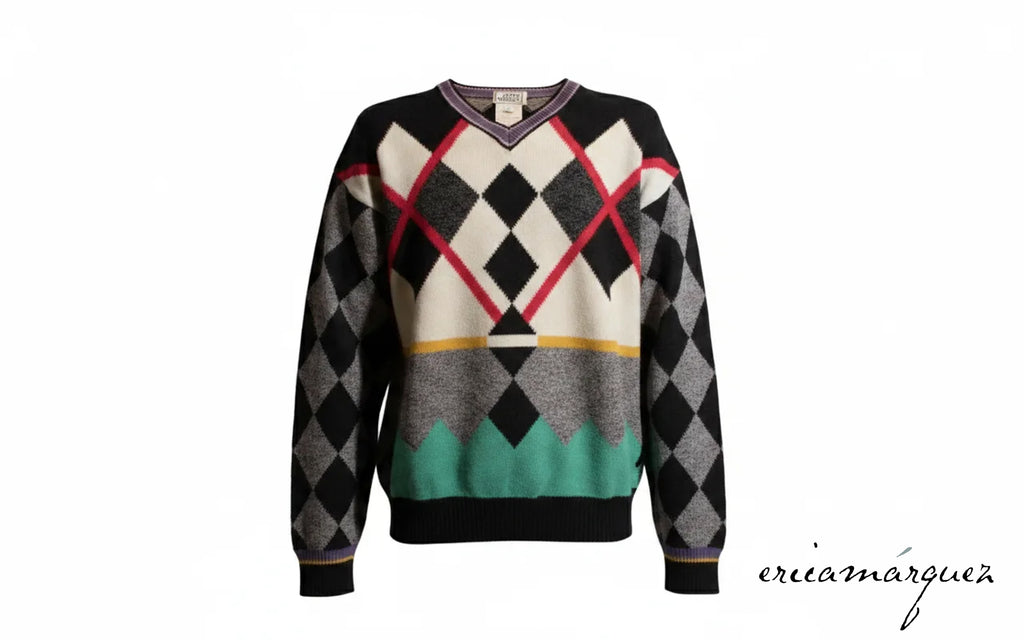 GIANNI VERSACE, Wool Cashmere and Silk Blend, Argyle, Long Sleeve, V-Neck Sweater