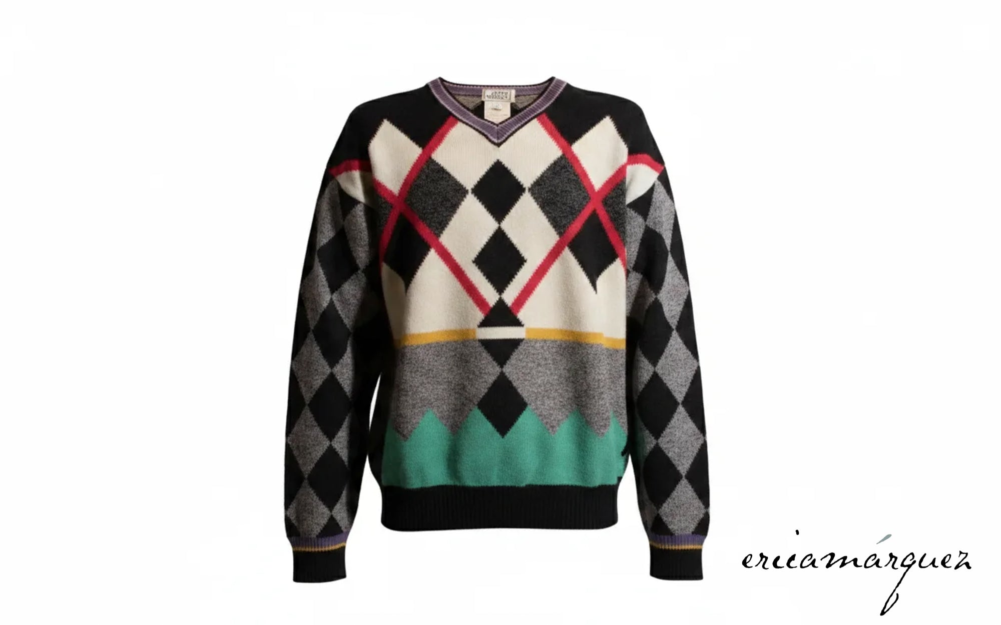 GIANNI VERSACE, Wool Cashmere and Silk Blend, Argyle, Long Sleeve, V-Neck Sweater