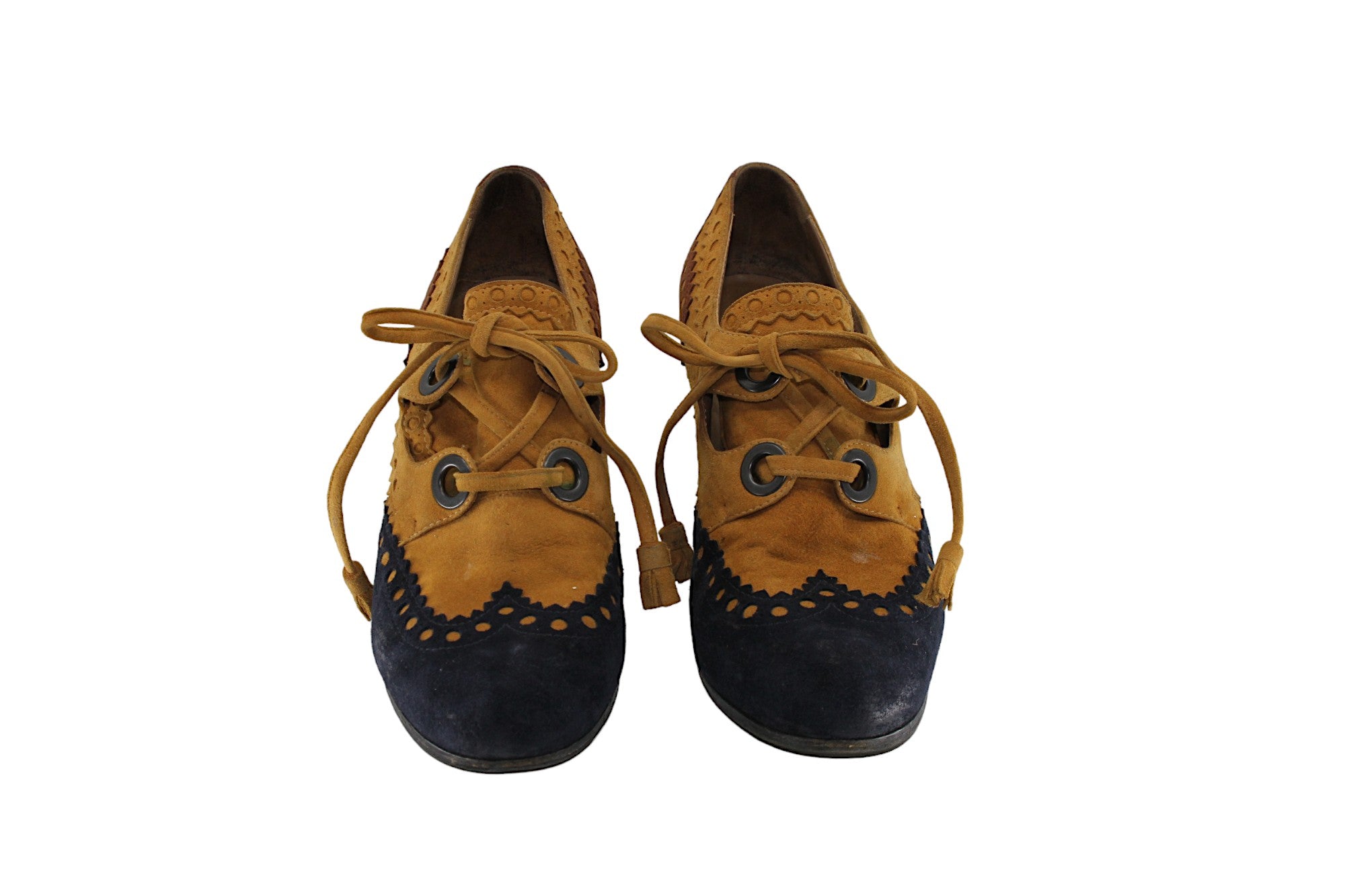 HERMÈS PARIS, Very Vintage pumps with eyelest and laces in navy and mustard suede high heels,