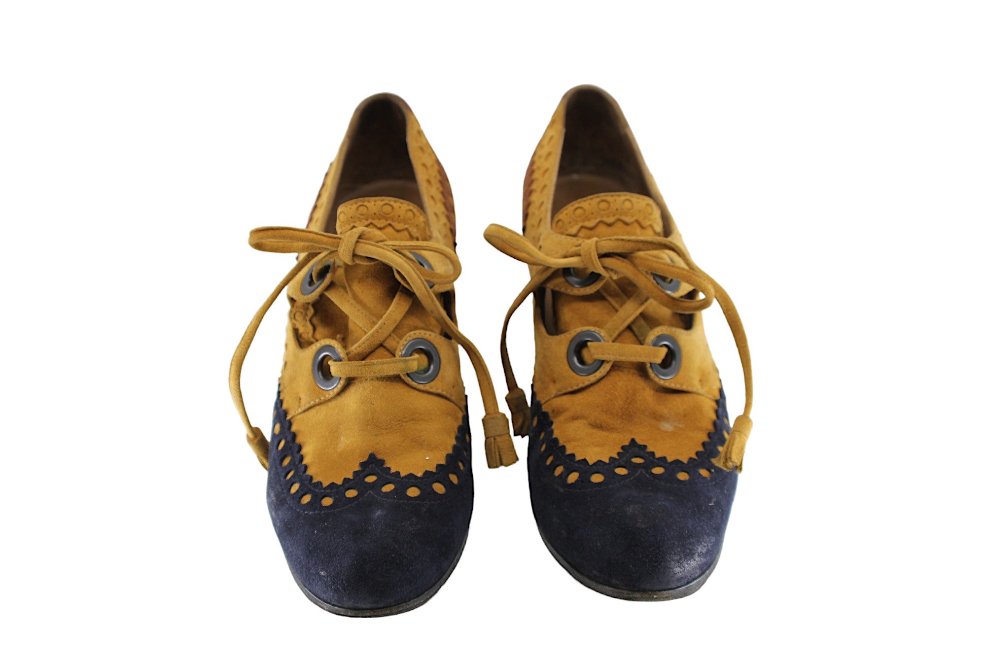HERMÈS PARIS, Very Vintage pumps with eyelest and laces in navy and mustard suede high heels,