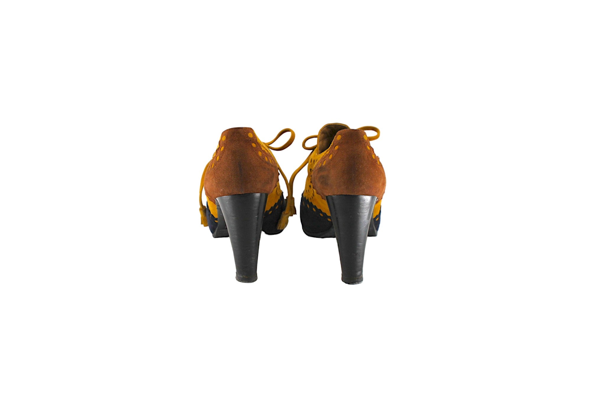 HERMÈS PARIS, Very Vintage pumps with eyelest and laces in navy and mustard suede high heels,