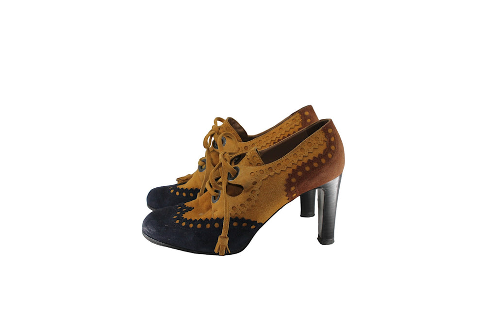 HERMÈS PARIS, Very Vintage pumps with eyelest and laces in navy and mustard suede high heels,