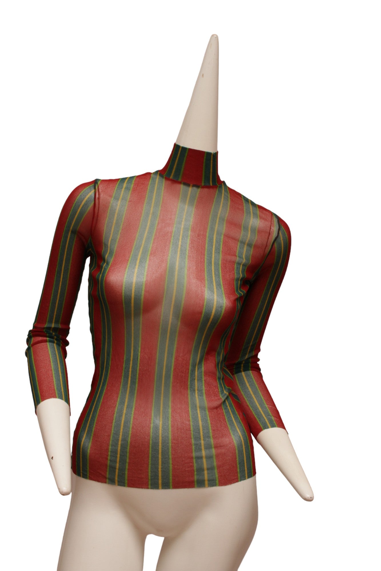 JEAN PAUL GAULTIER, Maille, RARE, Green, Red and Yellow Vertical Striped Long Sleeve, Mock Neck Mesh top