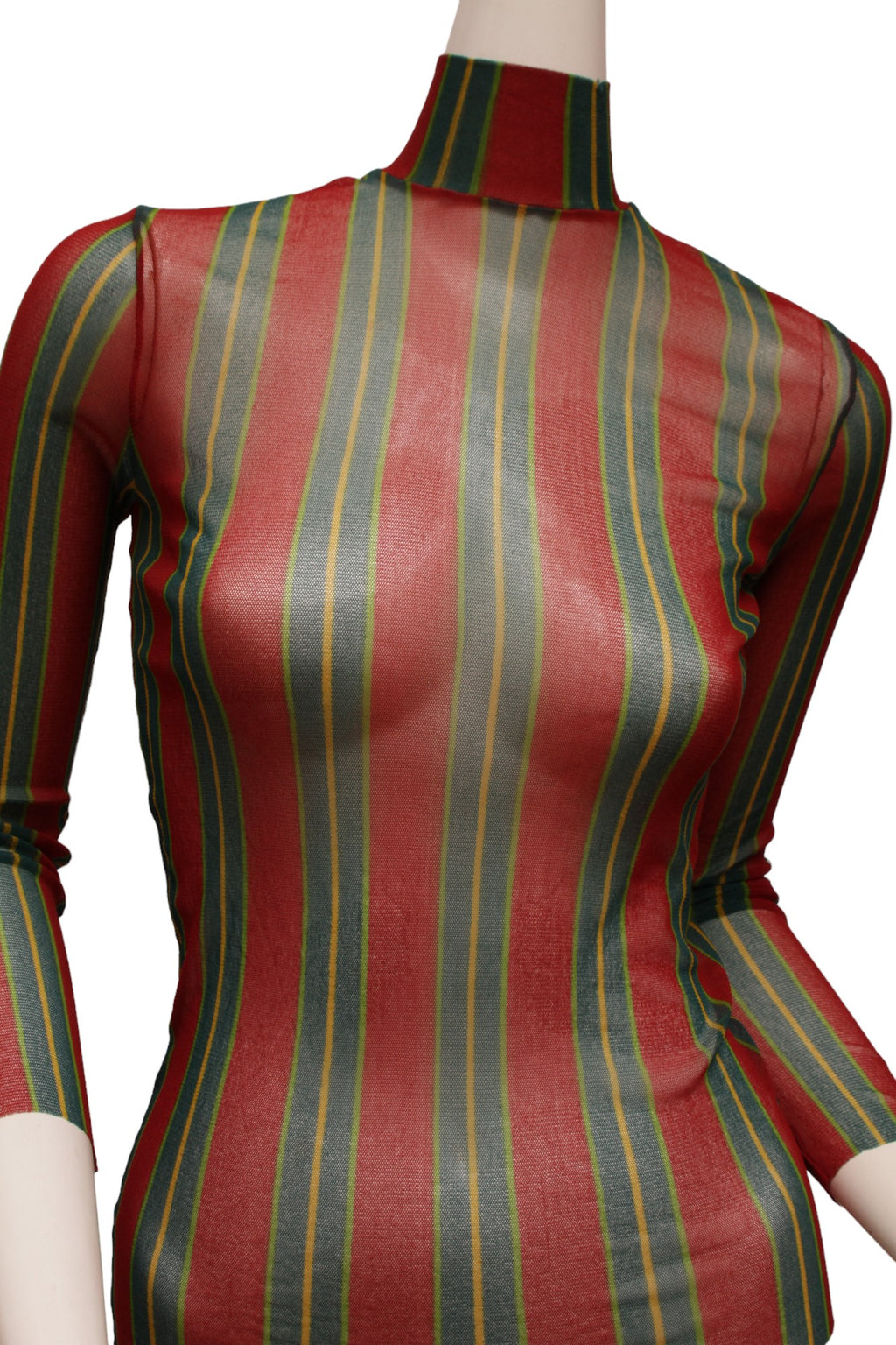 JEAN PAUL GAULTIER, Maille, RARE, Green, Red and Yellow Vertical Striped Long Sleeve, Mock Neck Mesh top