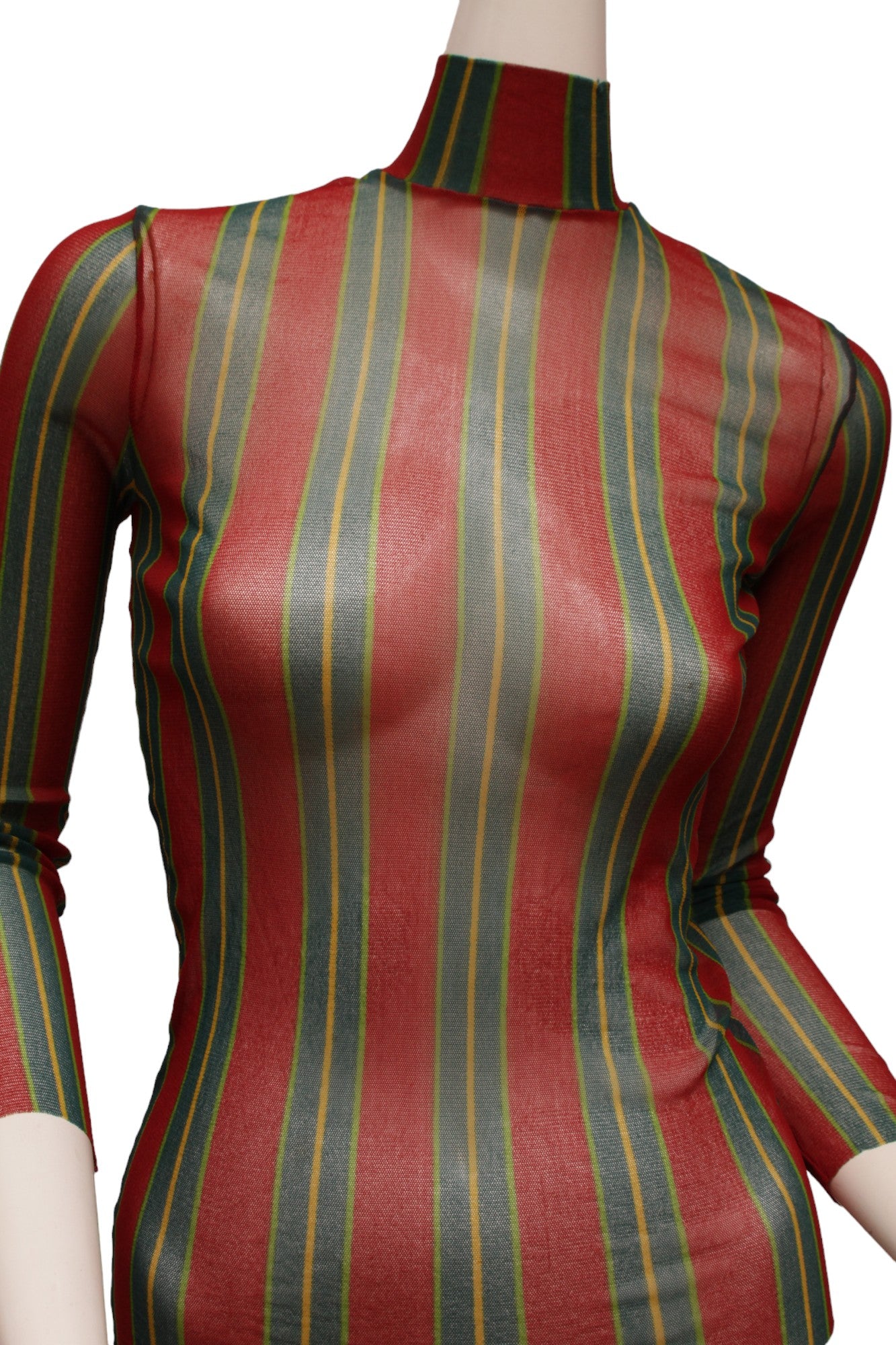 JEAN PAUL GAULTIER, Maille, RARE, Green, Red and Yellow Vertical Striped Long Sleeve, Mock Neck Mesh top